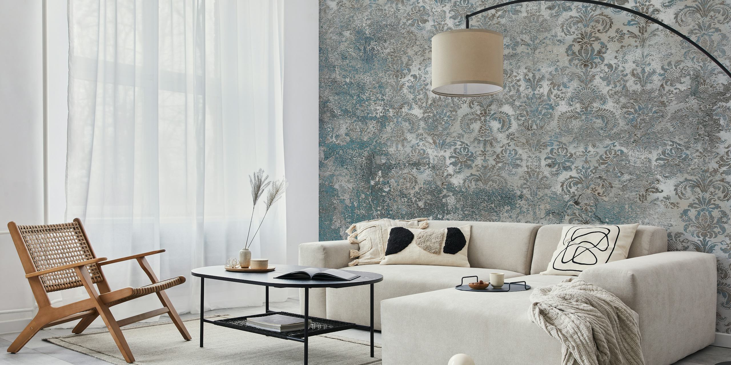 Grunge Damask Wall Taupe Blue tapet i ett rum