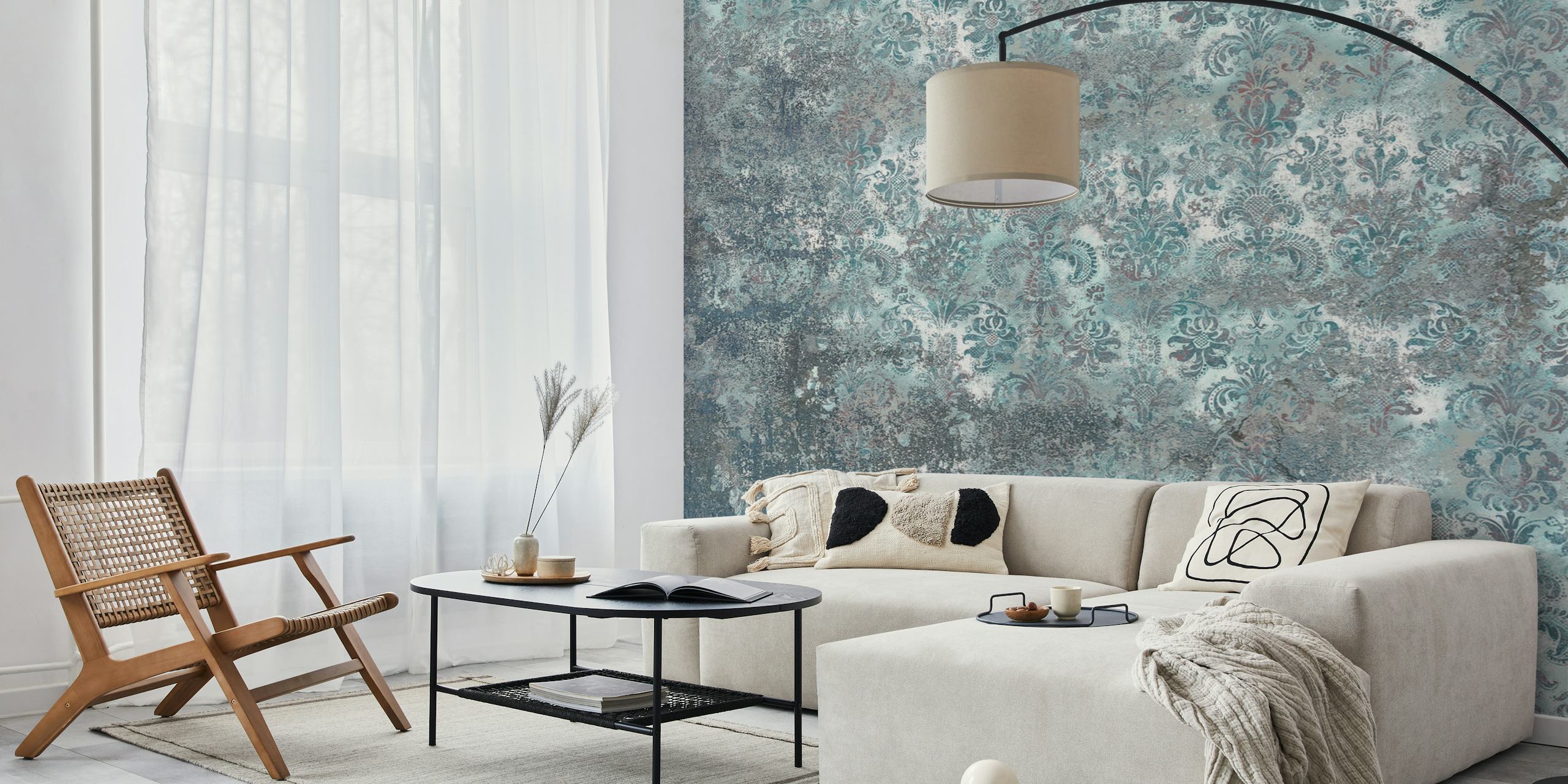 Grunge Damask Wall Aqua Grey Muster für eine stilvolle Wandtapete