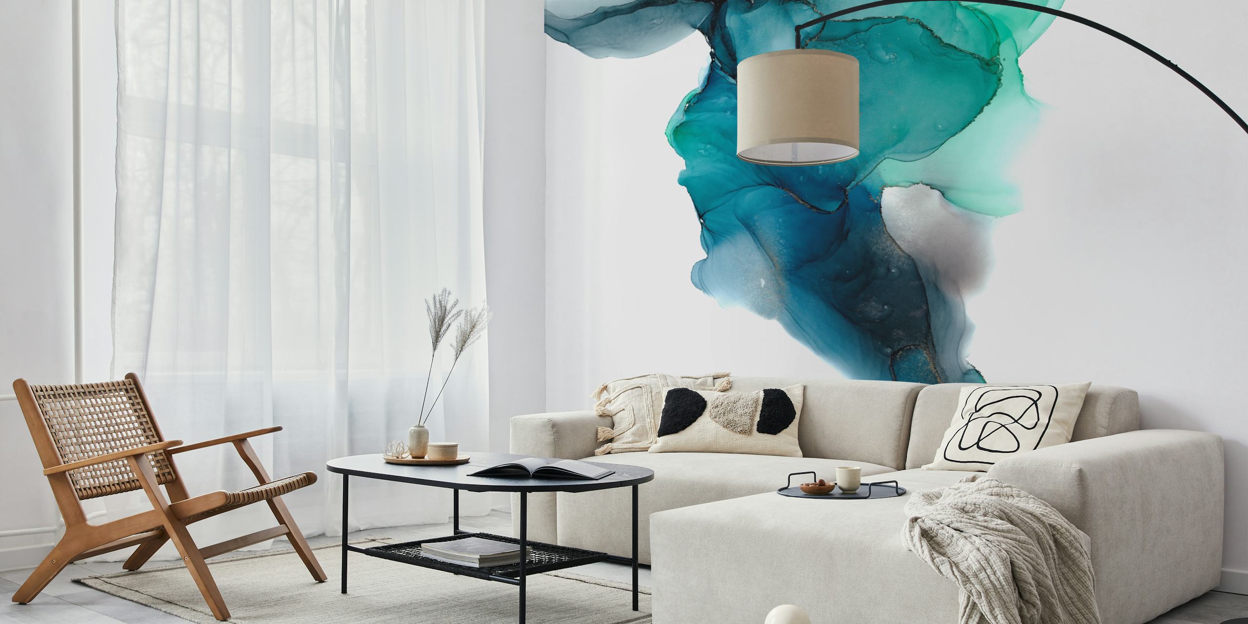 Mural de pared abstracto inspirado en el océano con colores fluidos turquesa y verde