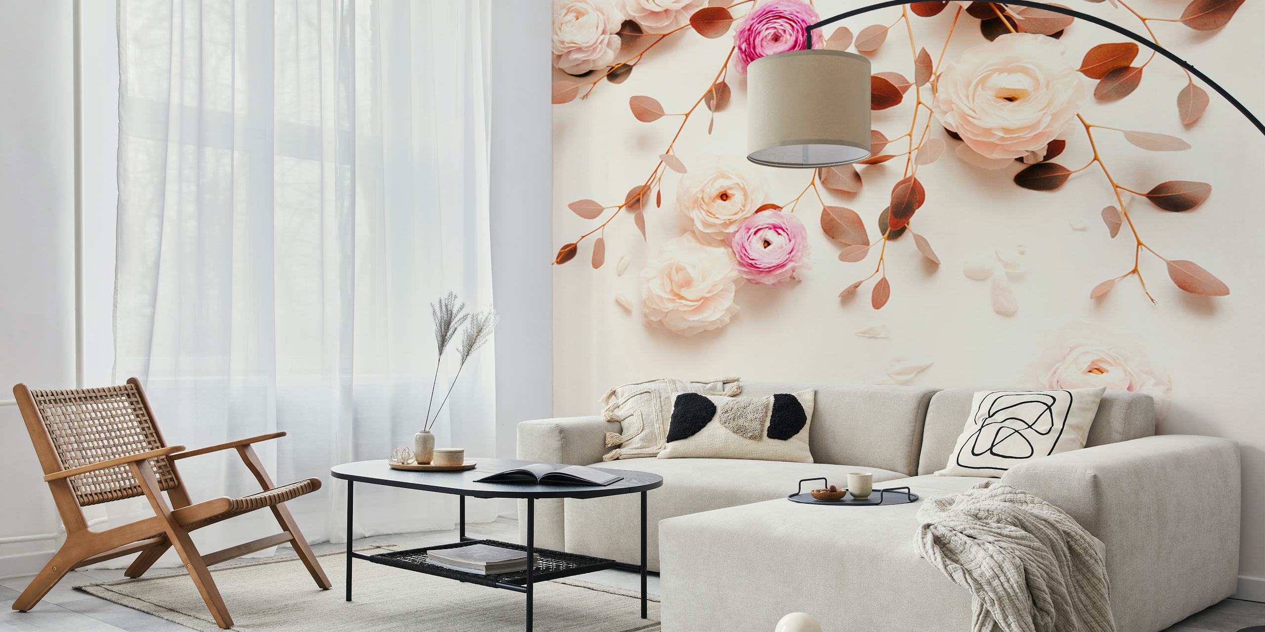 Pink and cream floral wallpaper with soft flowers and leaves