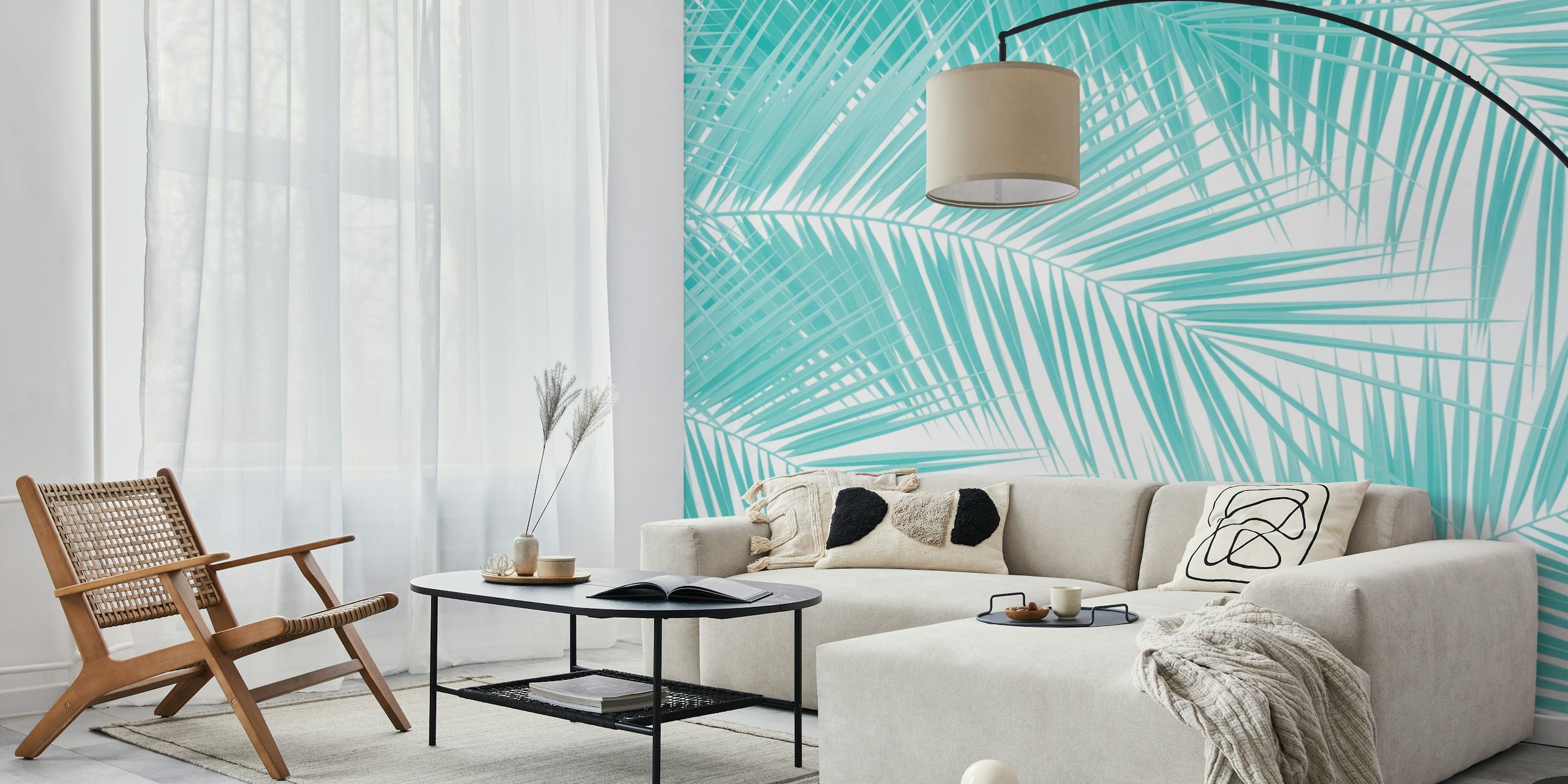 Turquoise palm leaves pattern on a white background wallpaper