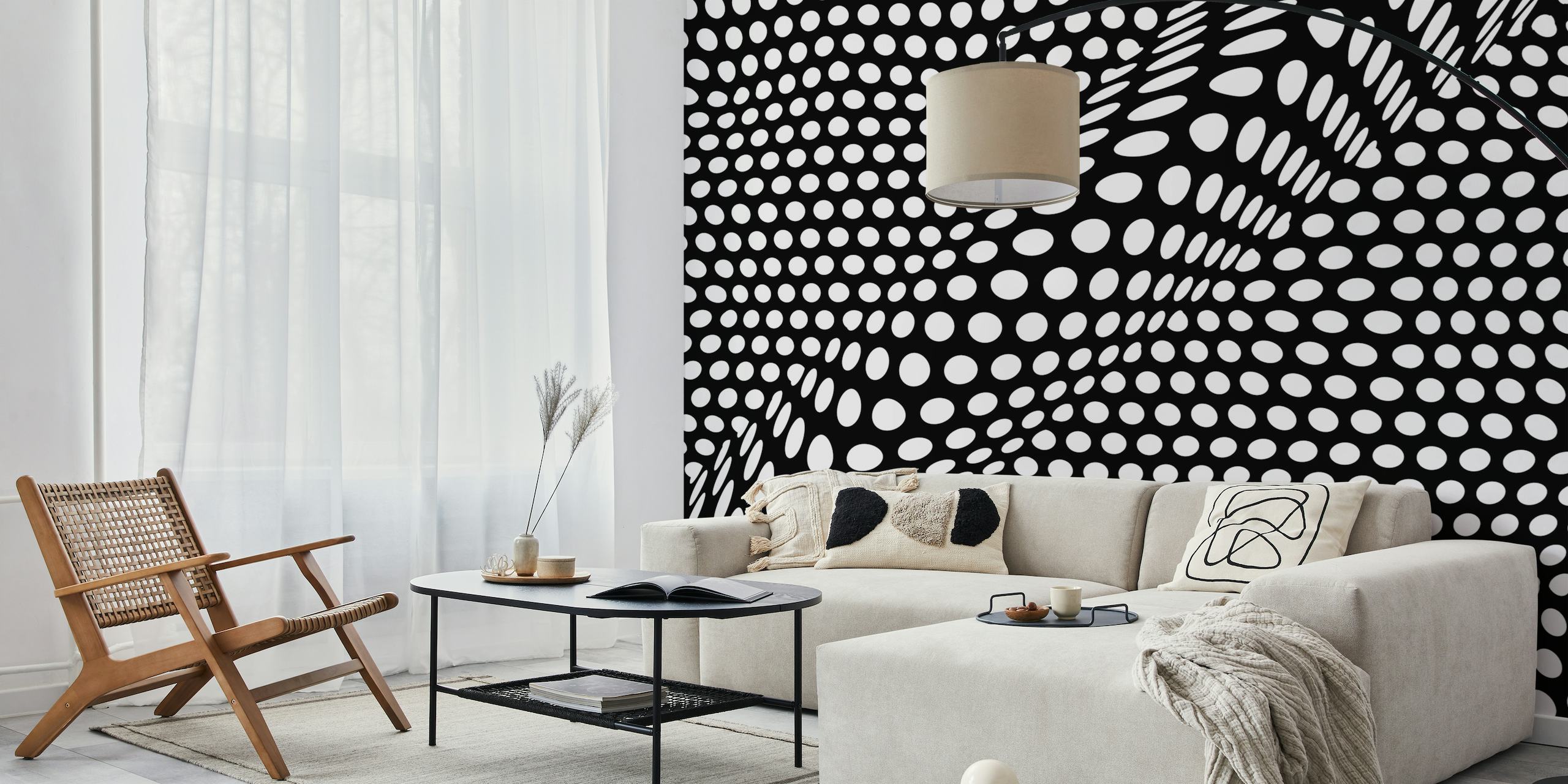 Black and white op-art mural with dots creating an optical illusion