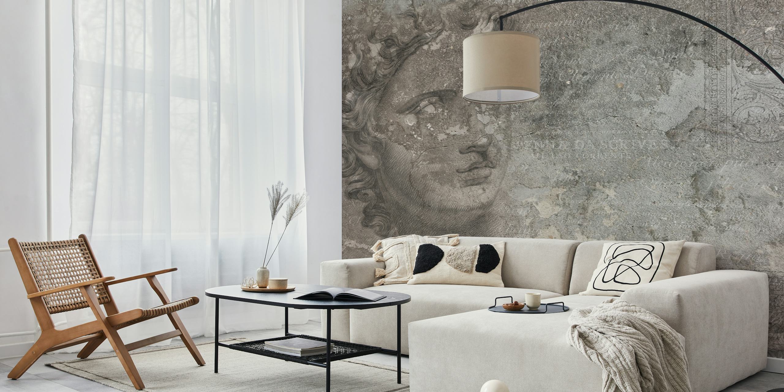 Historical motifs in grey tones on beige wallpaper