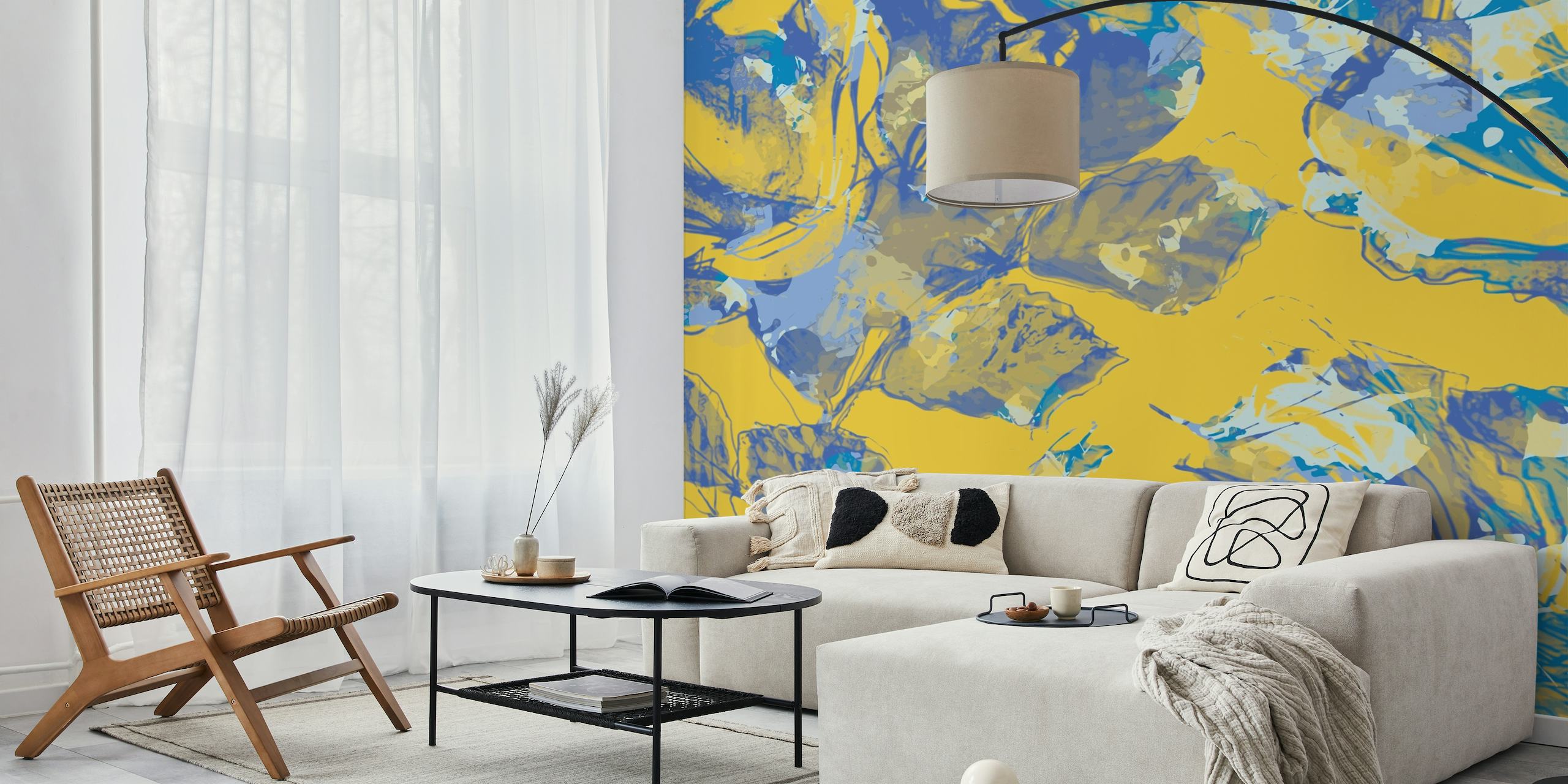 Design murale floreale giallo brillante e blu per un vivace arredamento a tema estivo