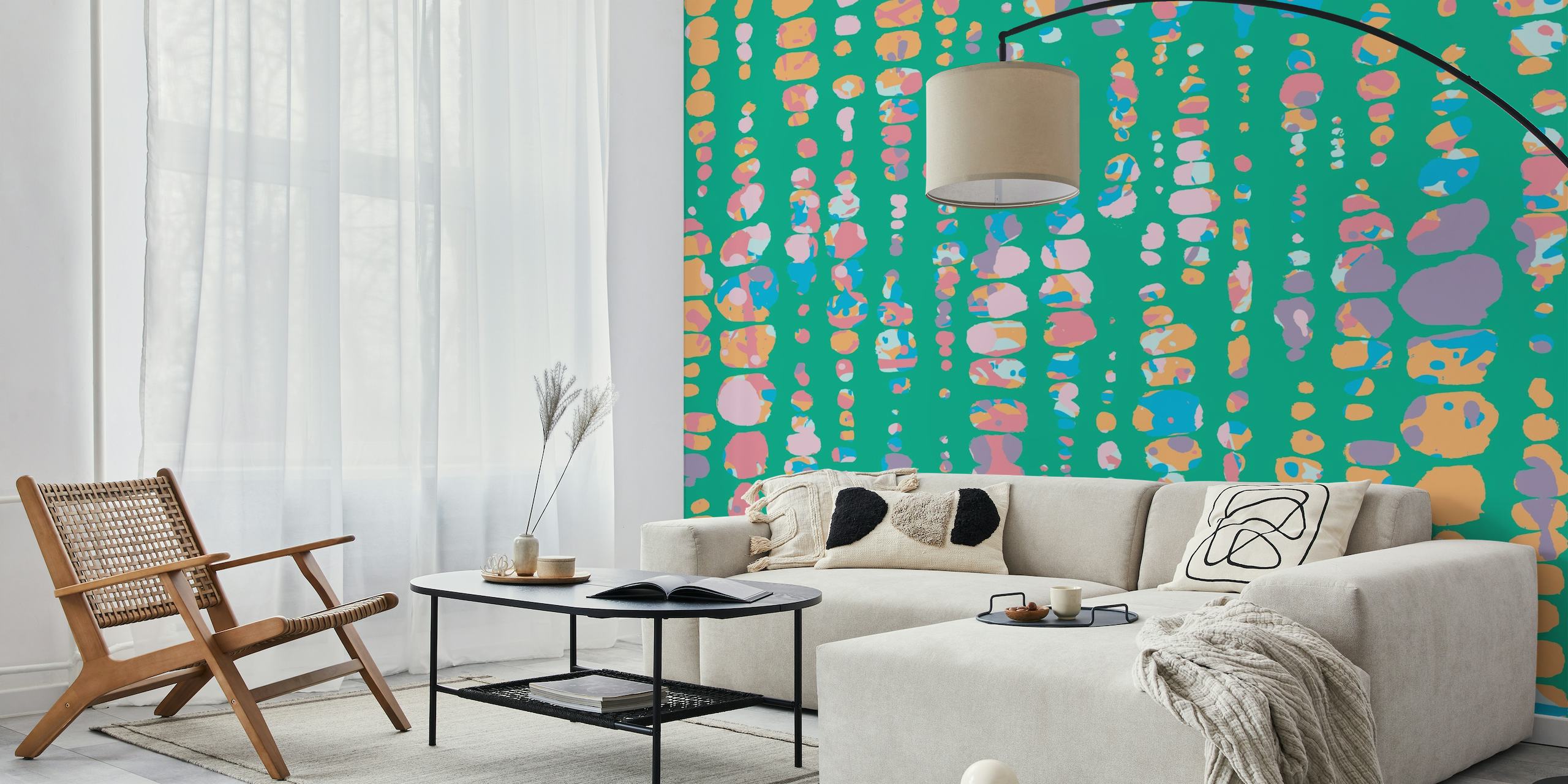 Impressionist-style wall mural with aqua, teal, coral, and pink dabs resembling Monet's Water Lilies