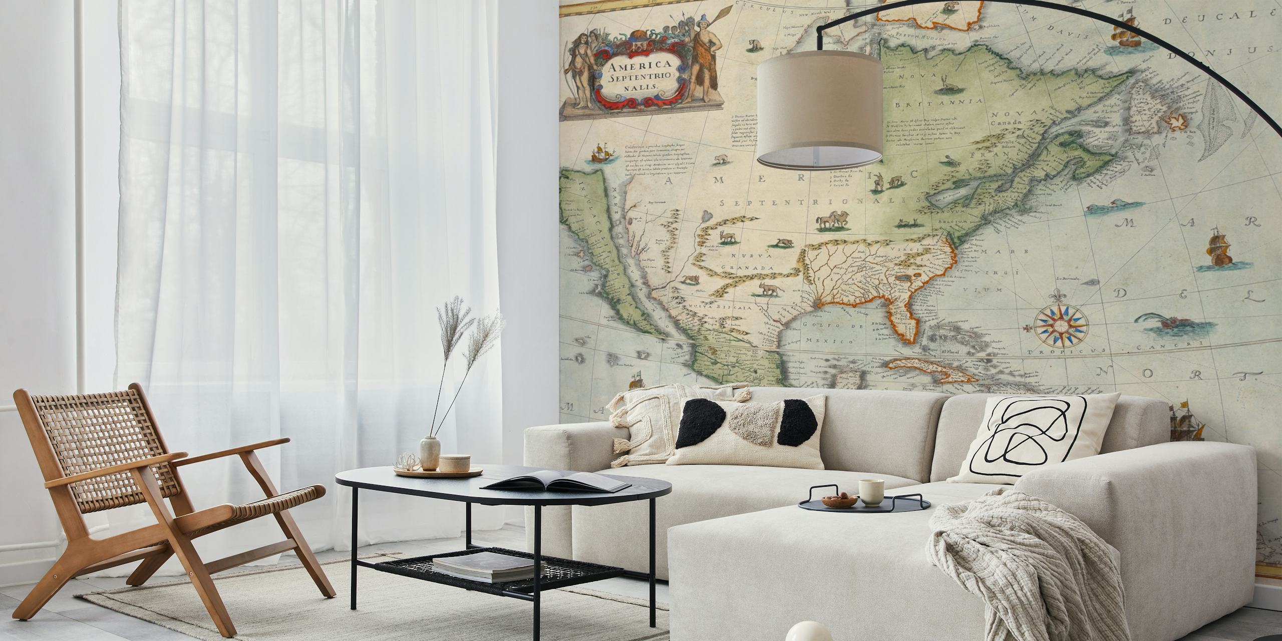 Vintage America map with waterways, ships, and landforms wallpaper