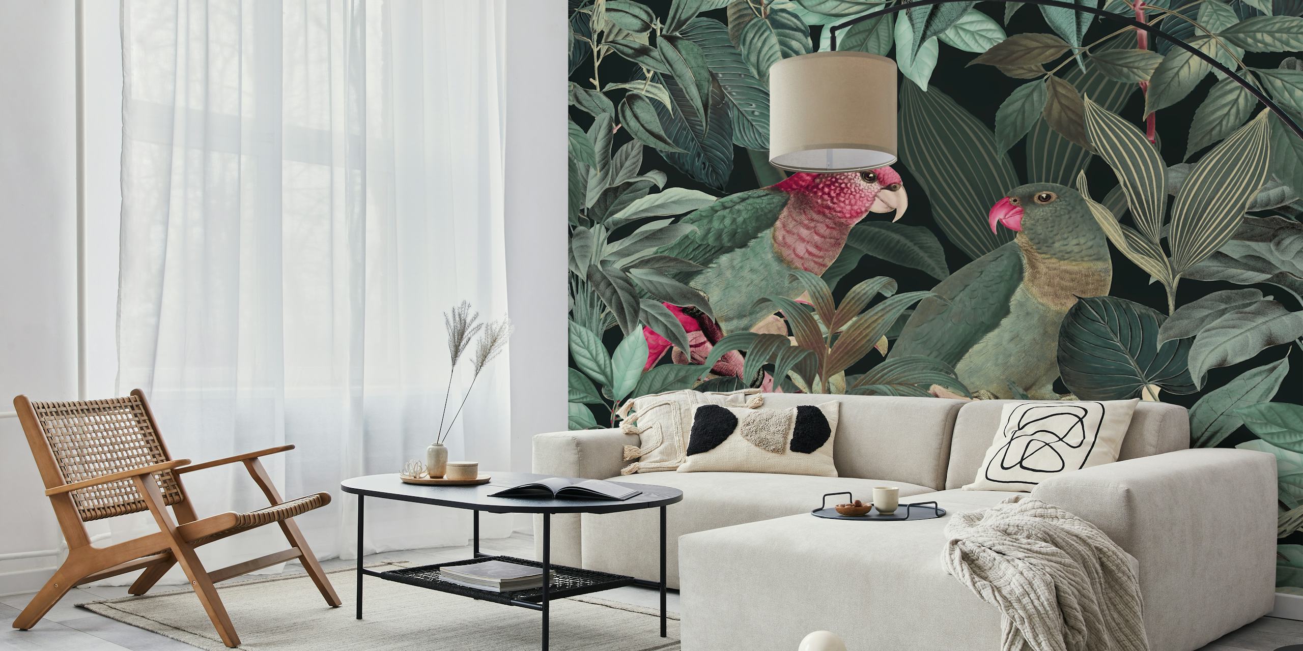 Parrots Green Jungle Paradise wall mural featuring tropical birds and foliage.