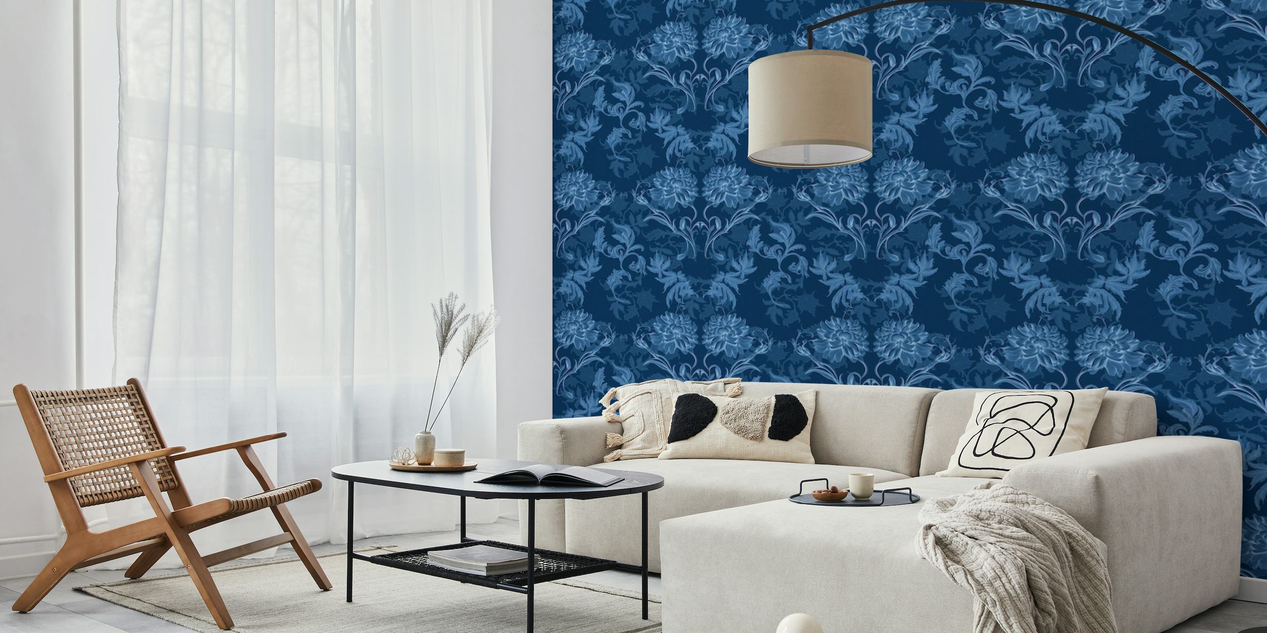 Elegante mural de pared floral en azul oscuro con un diseño vintage inspirado en Morrison