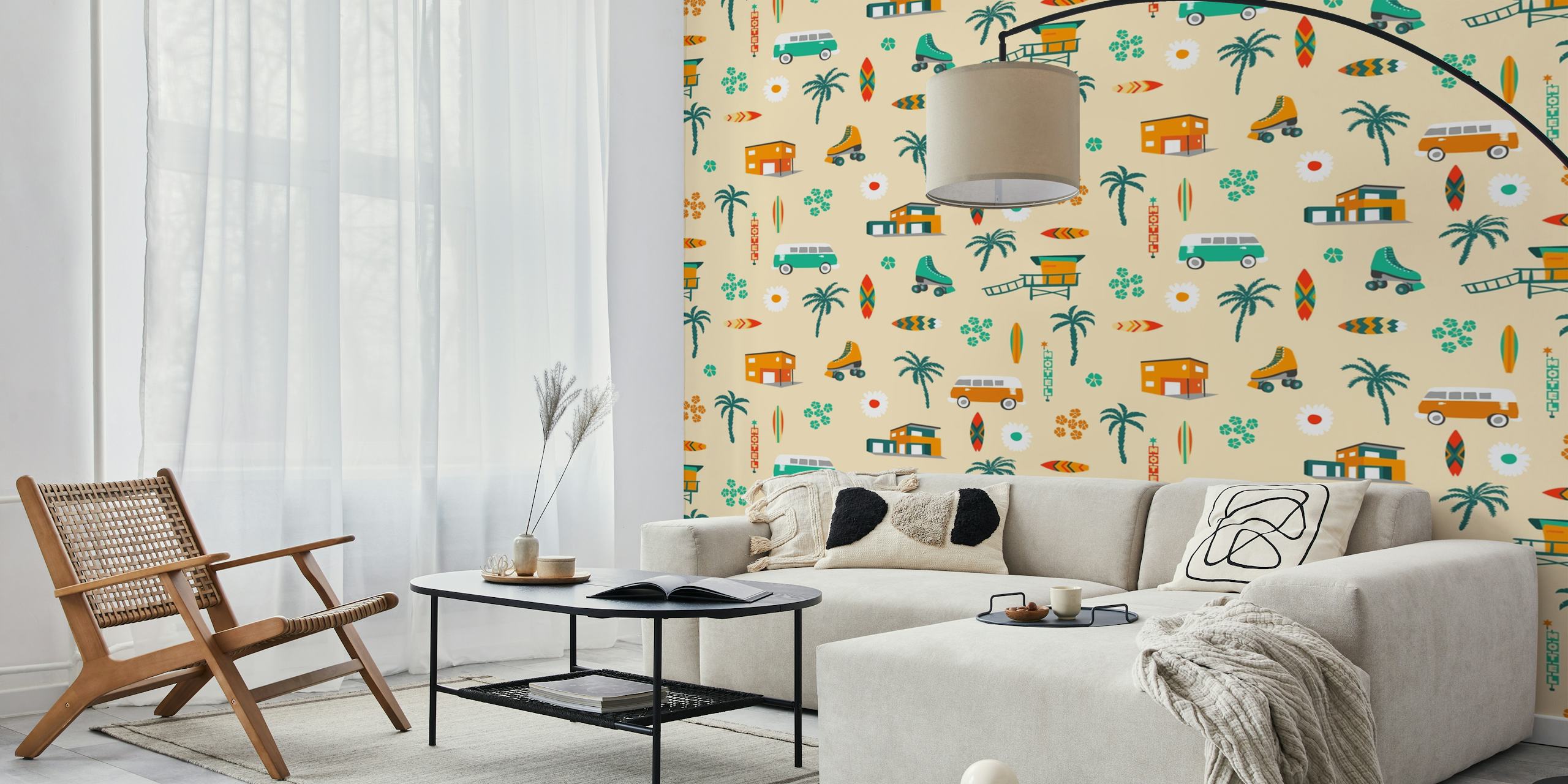 Tropical theme wallpaper with surfboards, houses, and palm trees in orange and green on a beige background