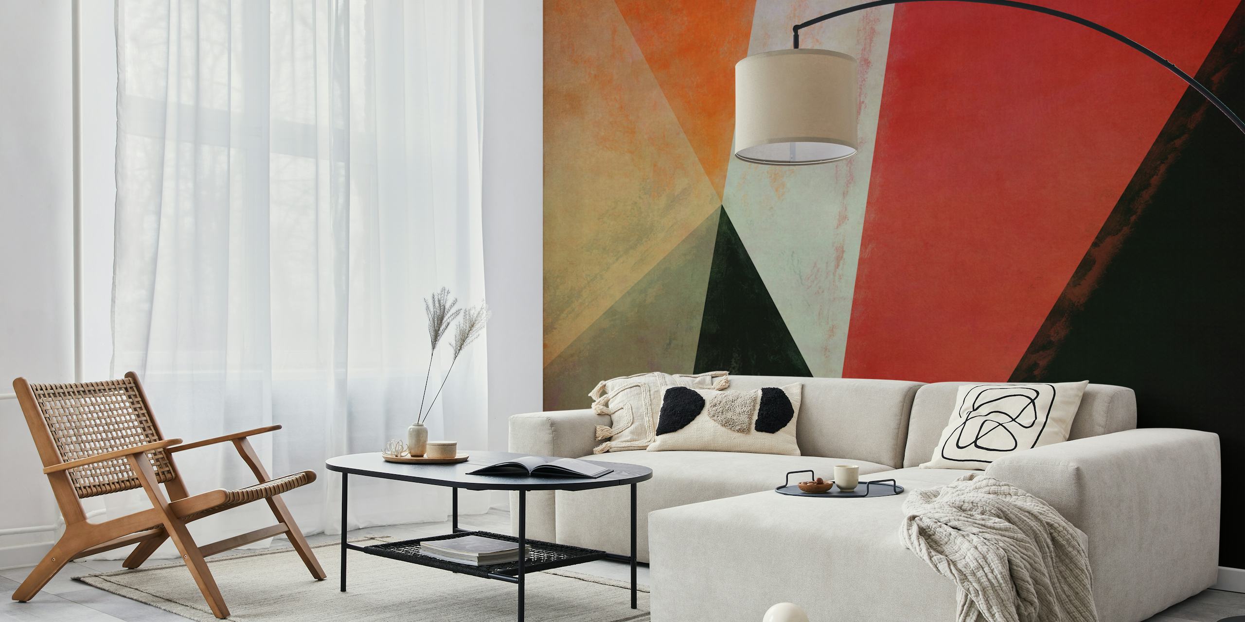 Abstract geometric wall mural with interlocking shapes in red, black, and orange