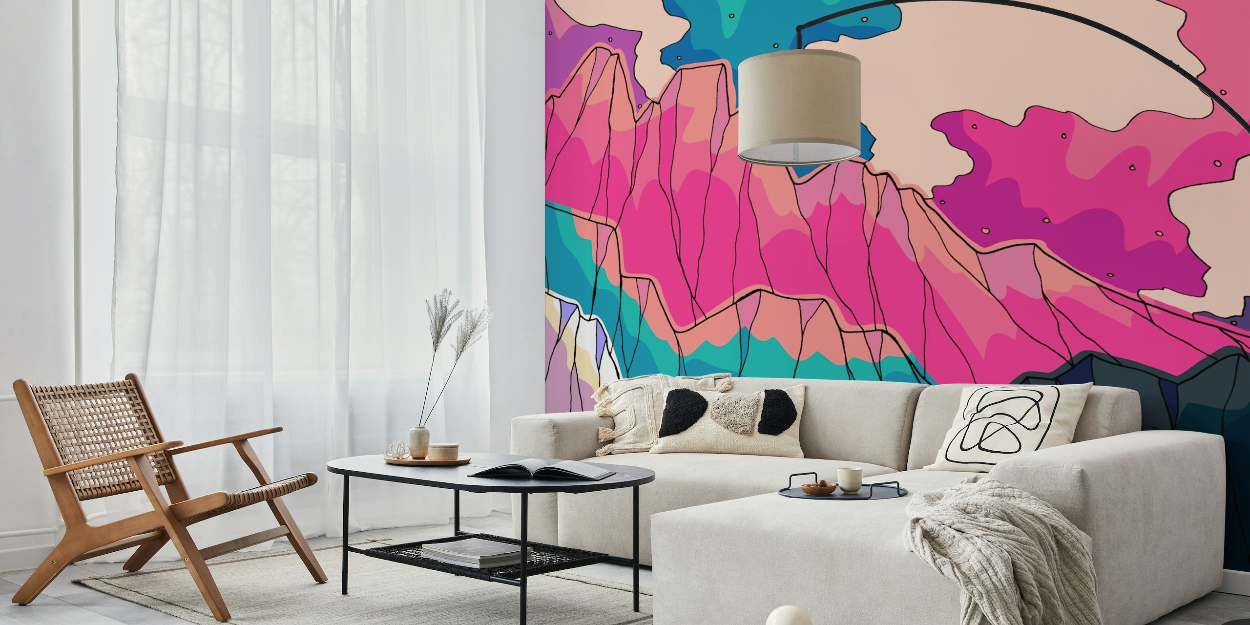 Abstract mountain range wall mural with layers of pink, blue, and purple hues