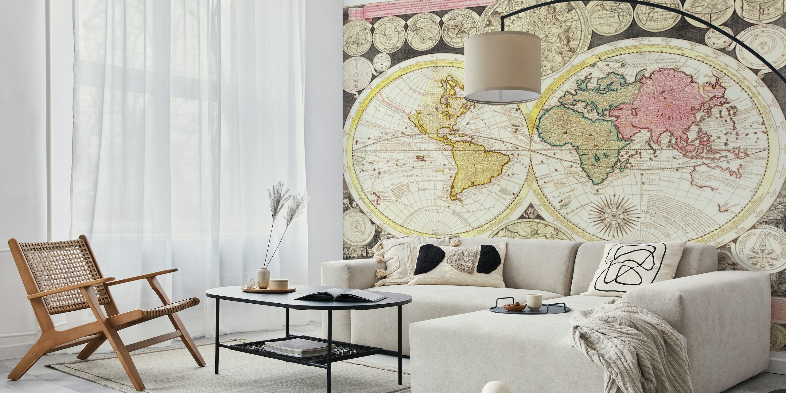 Antiikki kaksipuolinen maailmankartan seinämaalaus vintageväreillä ja koristeellisilla reunayksityiskohtilla
