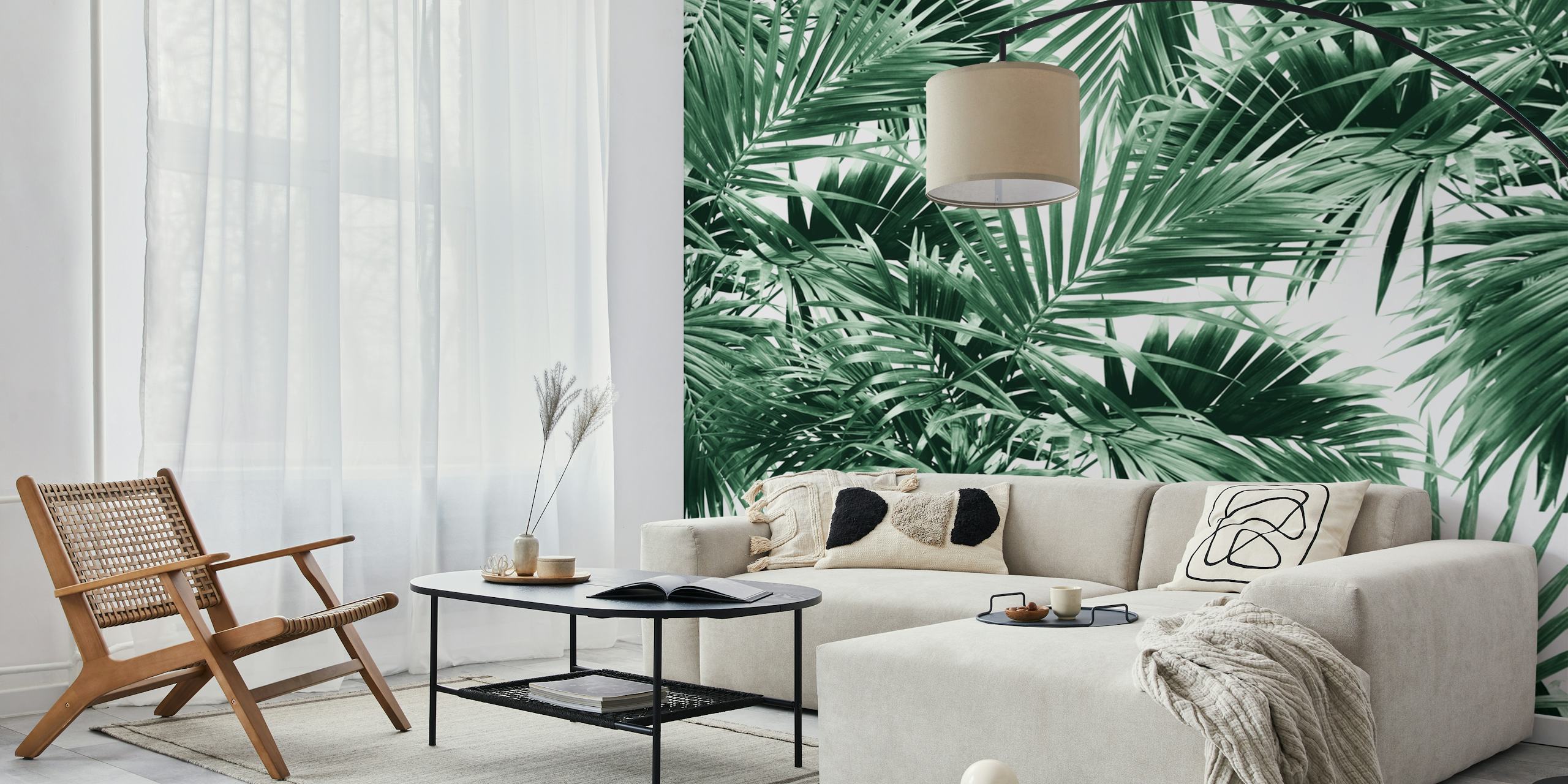 Tropical palm leaf pattern in green tones wallpaper