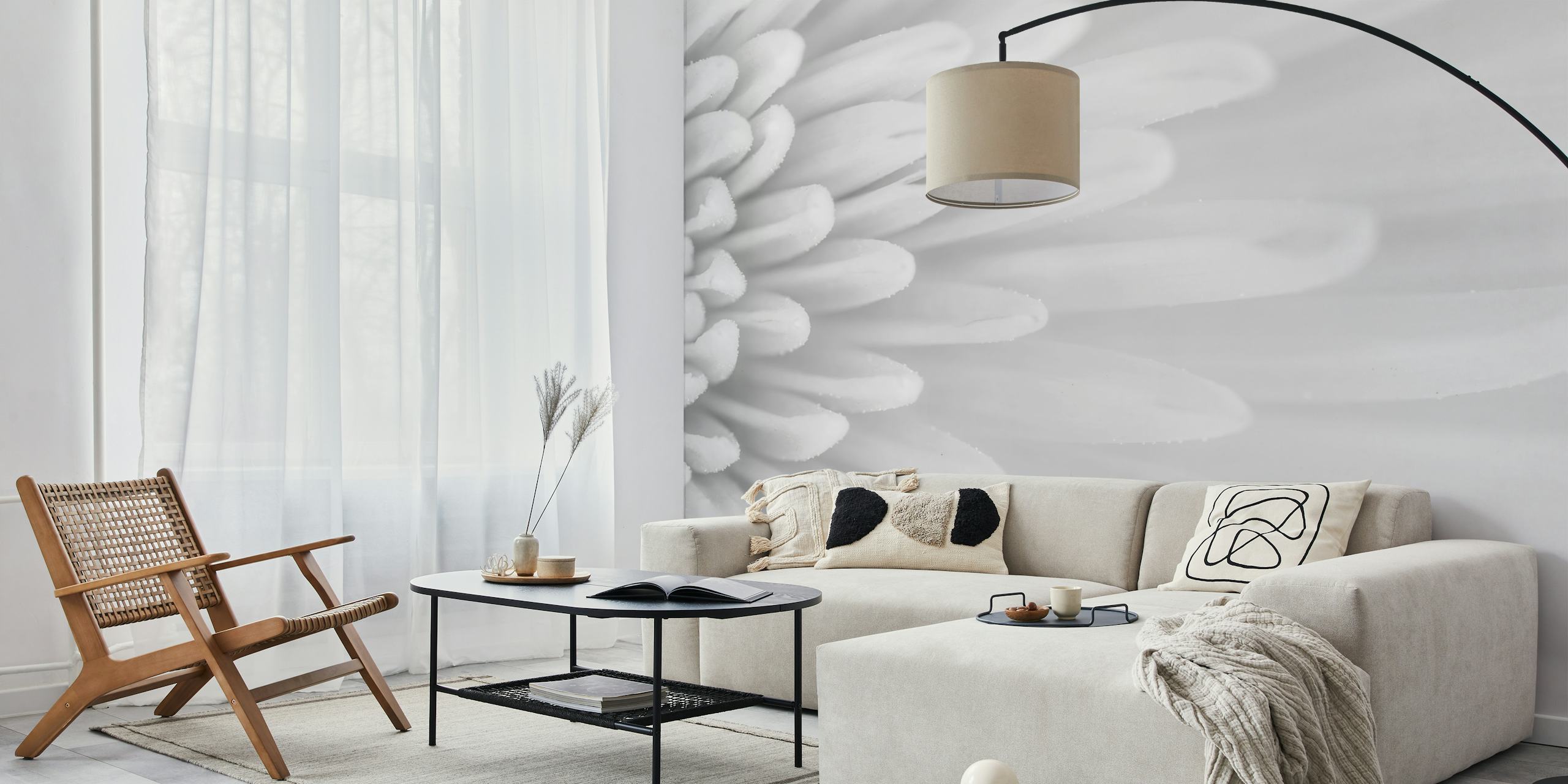 Close-up of textured black and white floral wallpaper