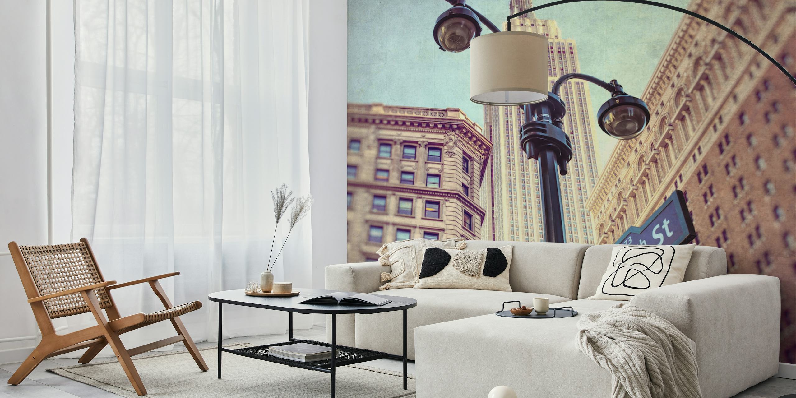 Vintage New York City street scene with signs and buildings wallpaper