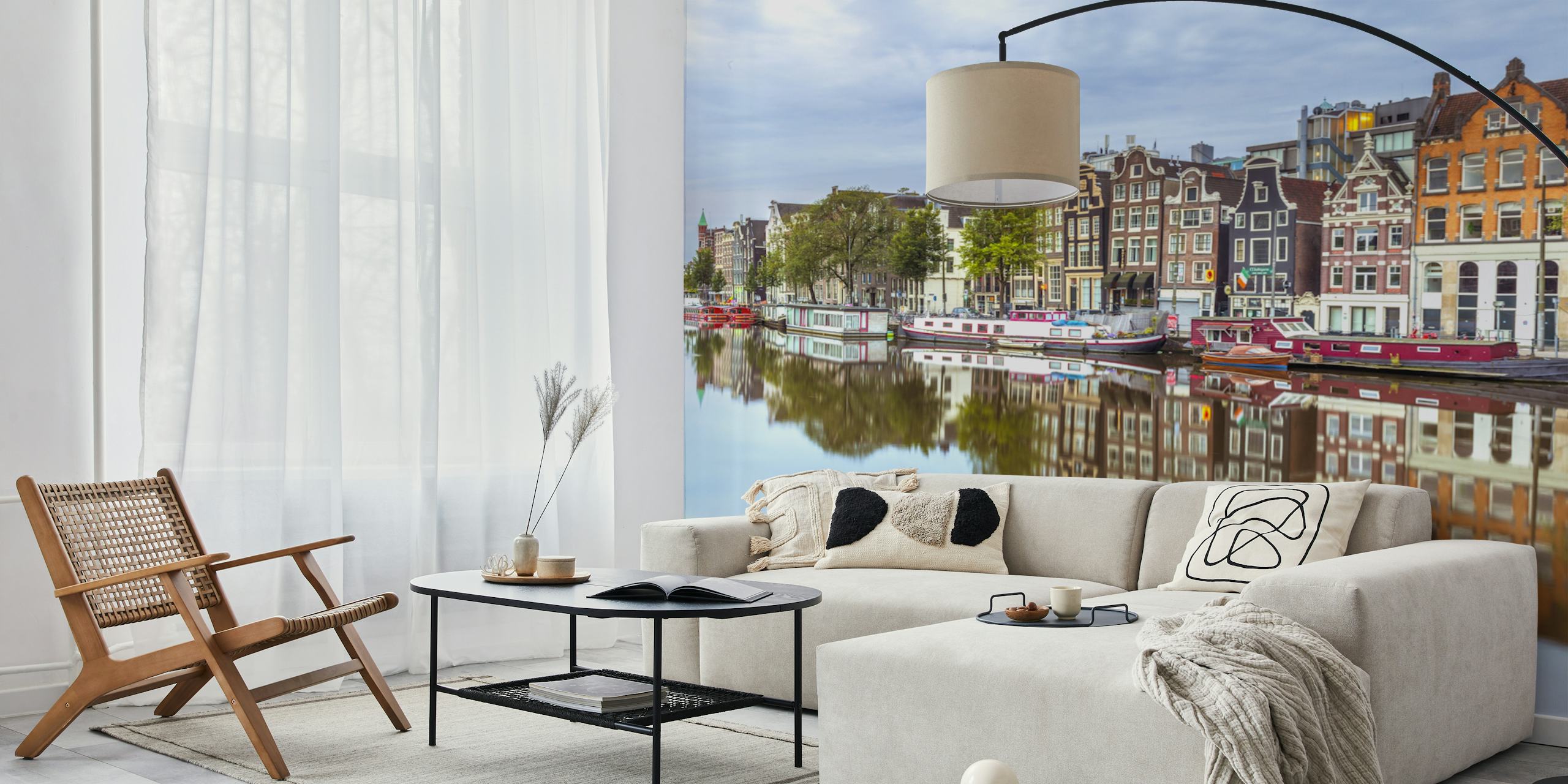 Amsterdam canal reflection wallpaper with colorful buildings and water