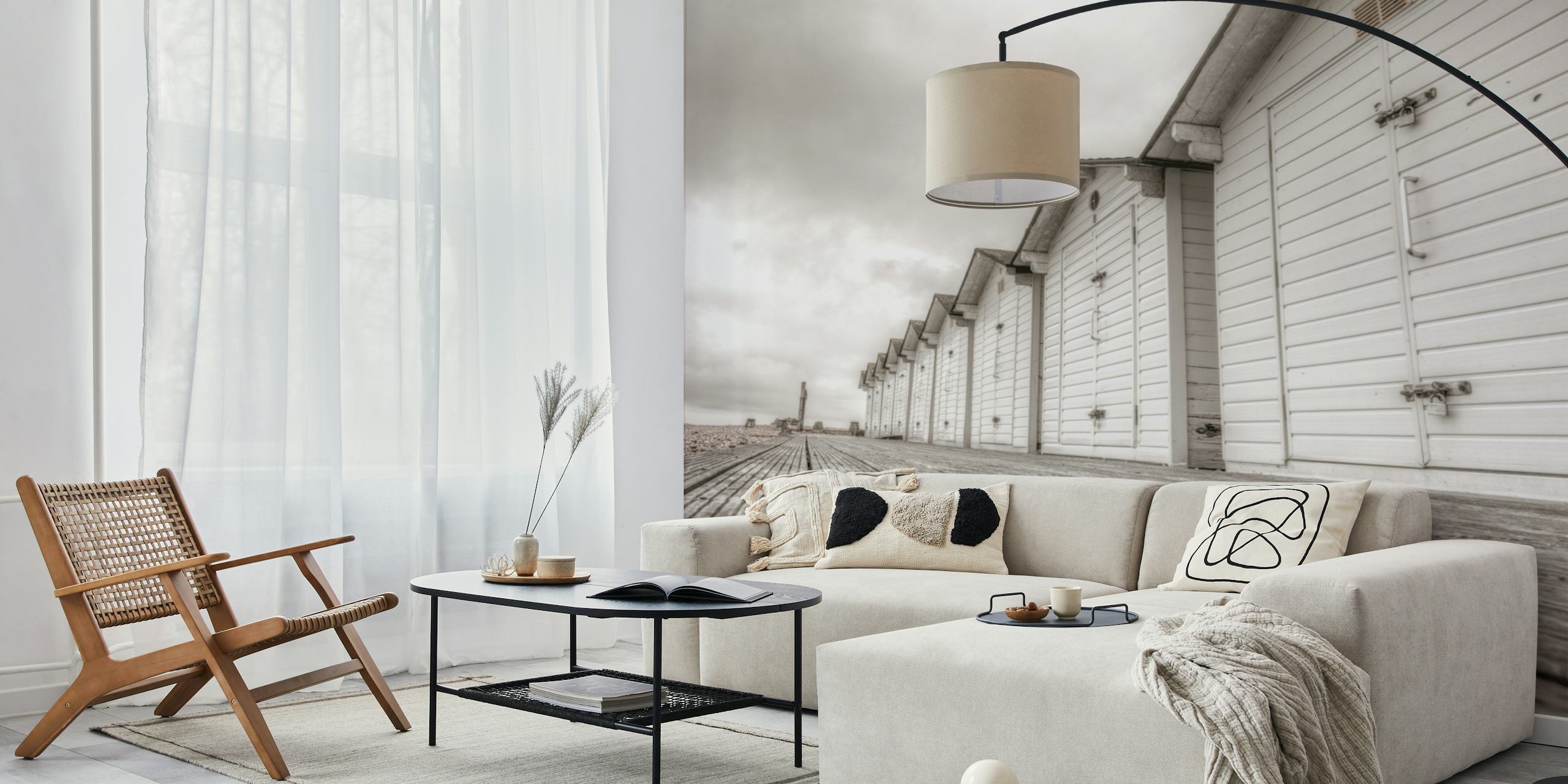 Monochrome beach huts wall mural with wooden boardwalk