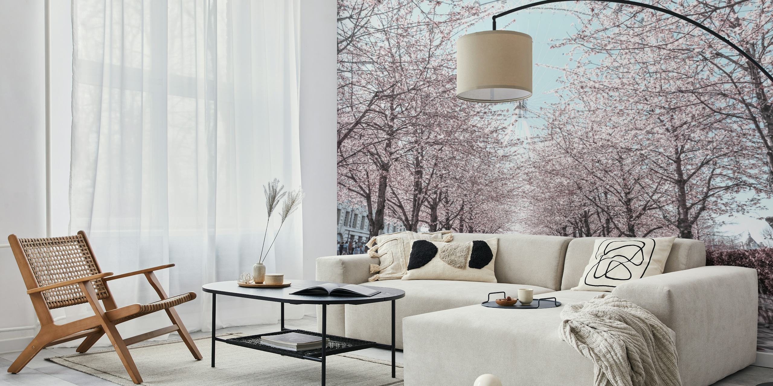 Wall mural of the Millennium Wheel with blossoming trees