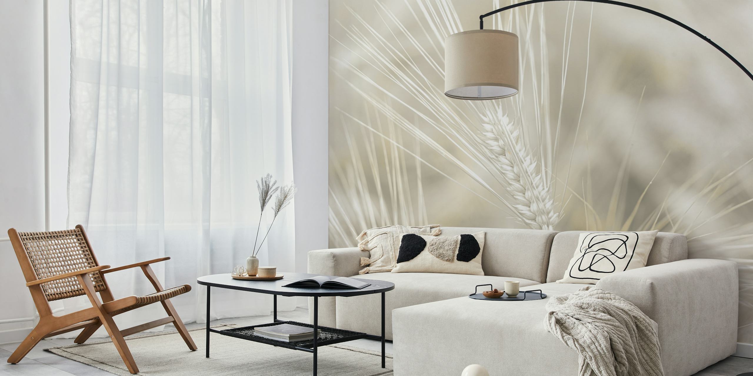 Wheat stalks in soft beige and white tones wallpaper