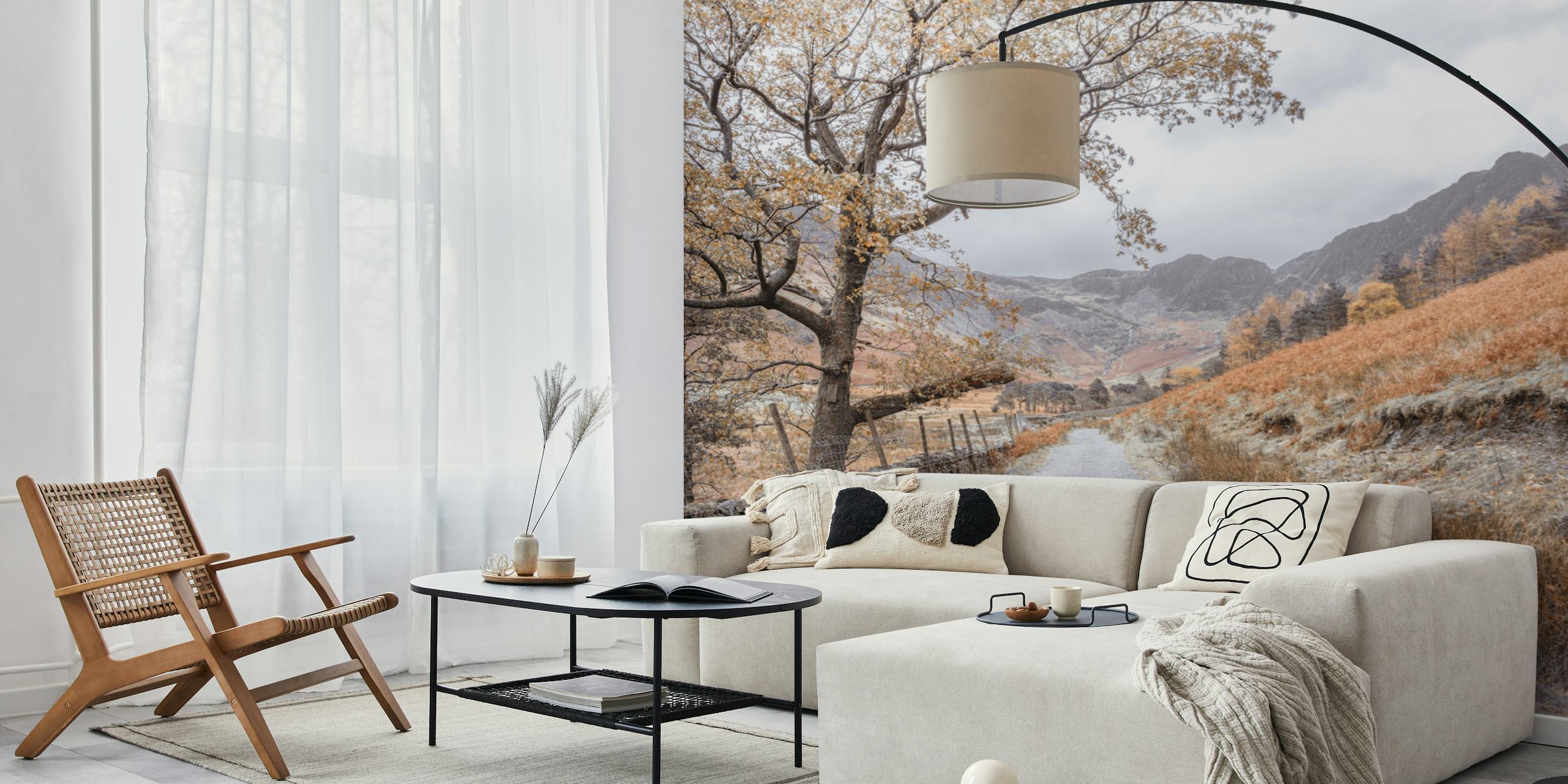 Scenic landscape wallpaper with trees and pathway in muted earth tones