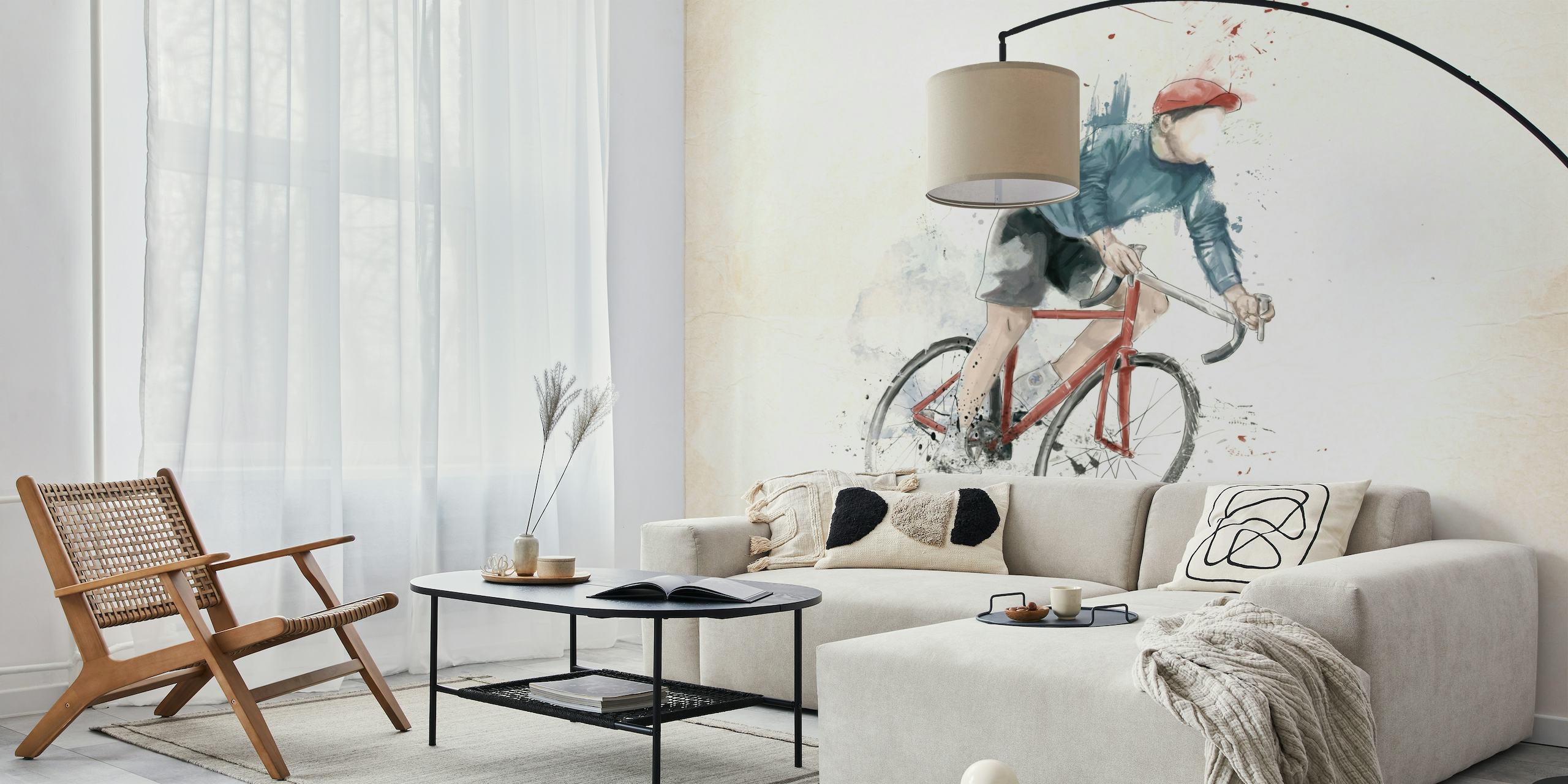 Abstract cyclist watercolor wall mural on a neutral background