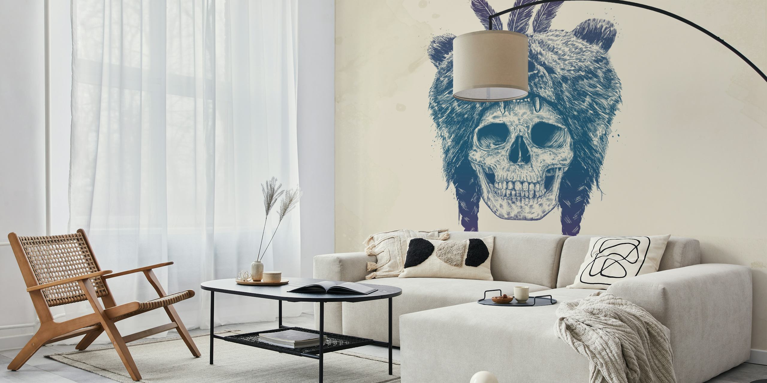 Bear skull wearing a bear head with feathers, colorful artistic wallpaper