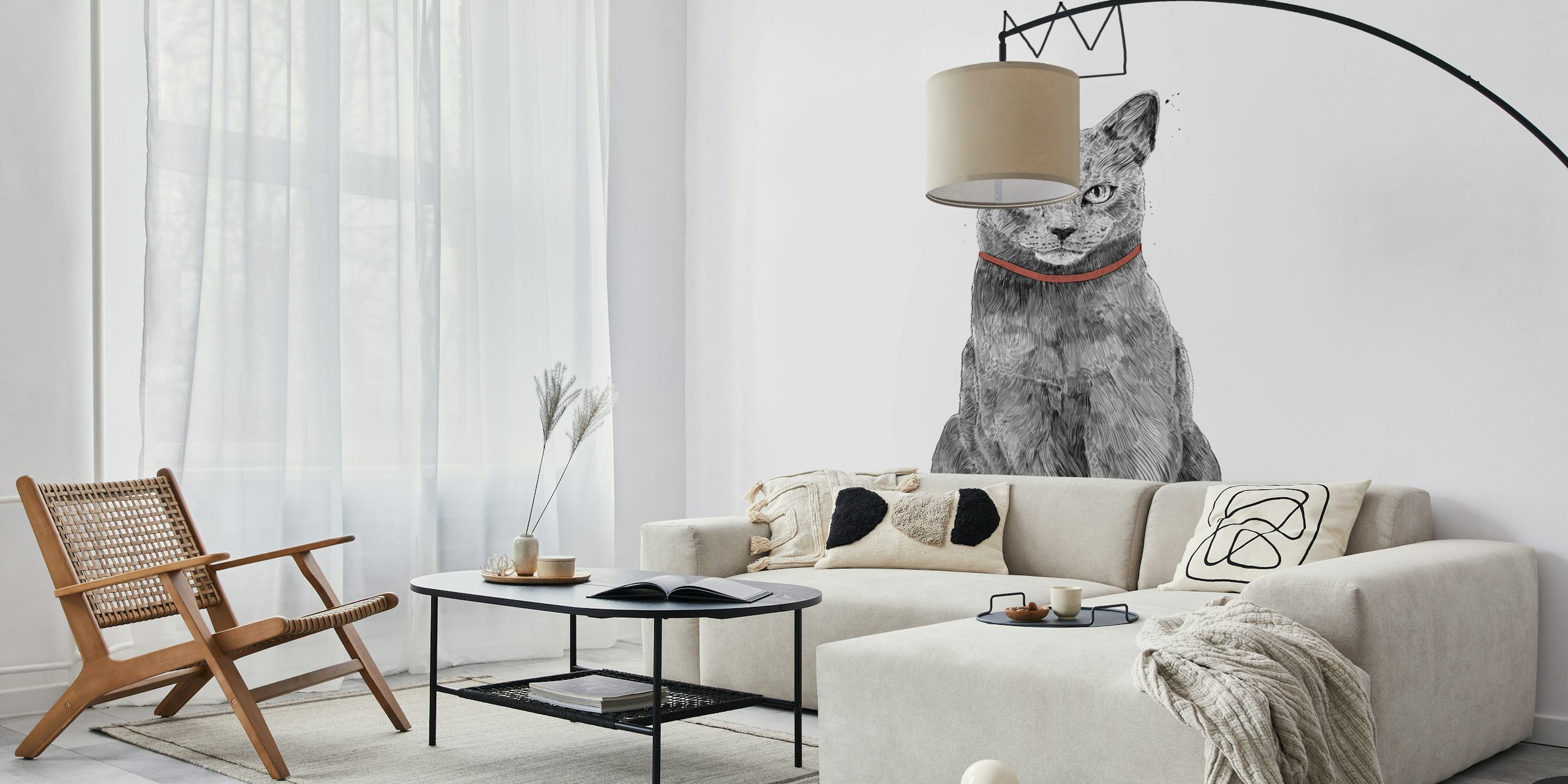 Illustration of a crowned cat in black and white wallpaper