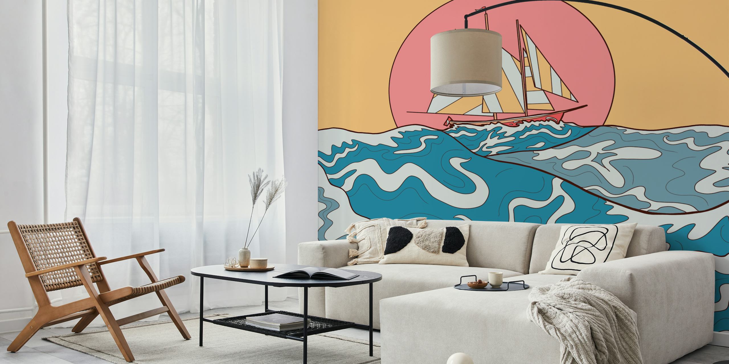 Sailboat on blue waves with pink sun background wallpaper