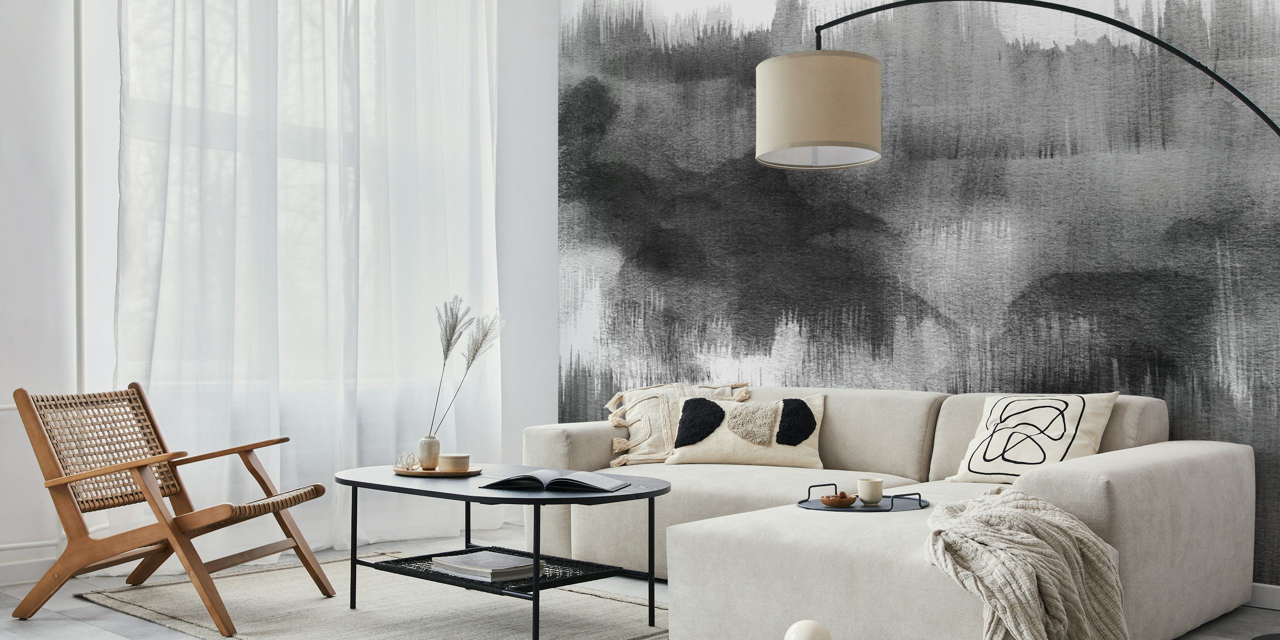 Abstract black and white watercolor strokes wall mural