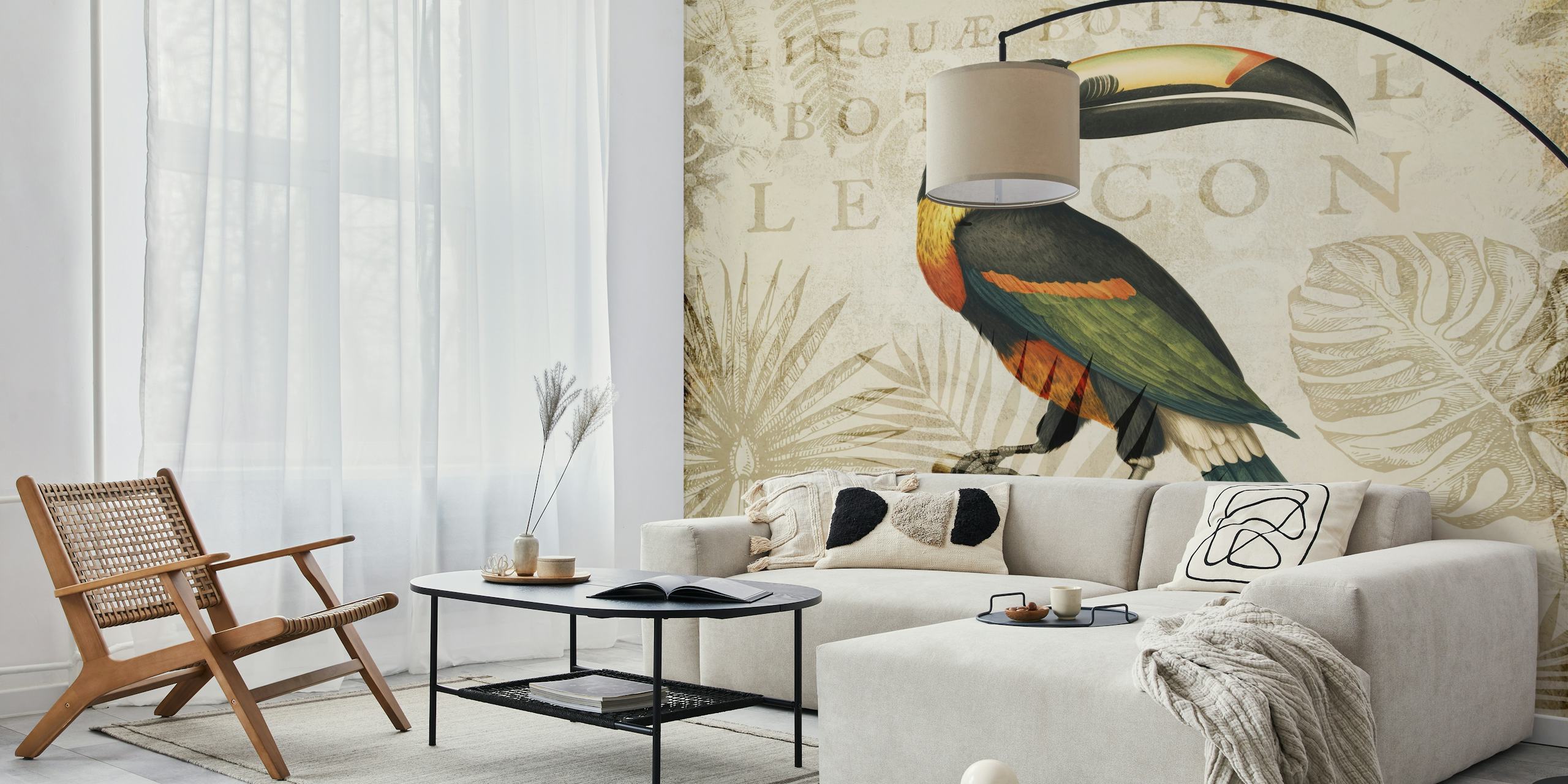 Toucans tropical wallpaper in a modern room