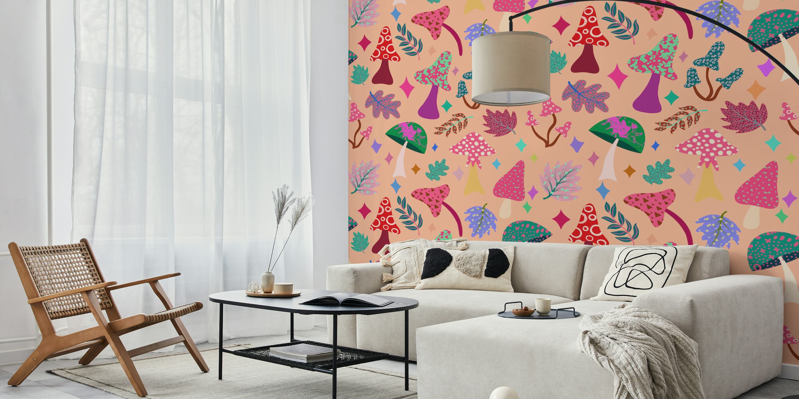 Colorful mushroom pattern with leaves and shapes wallpaper