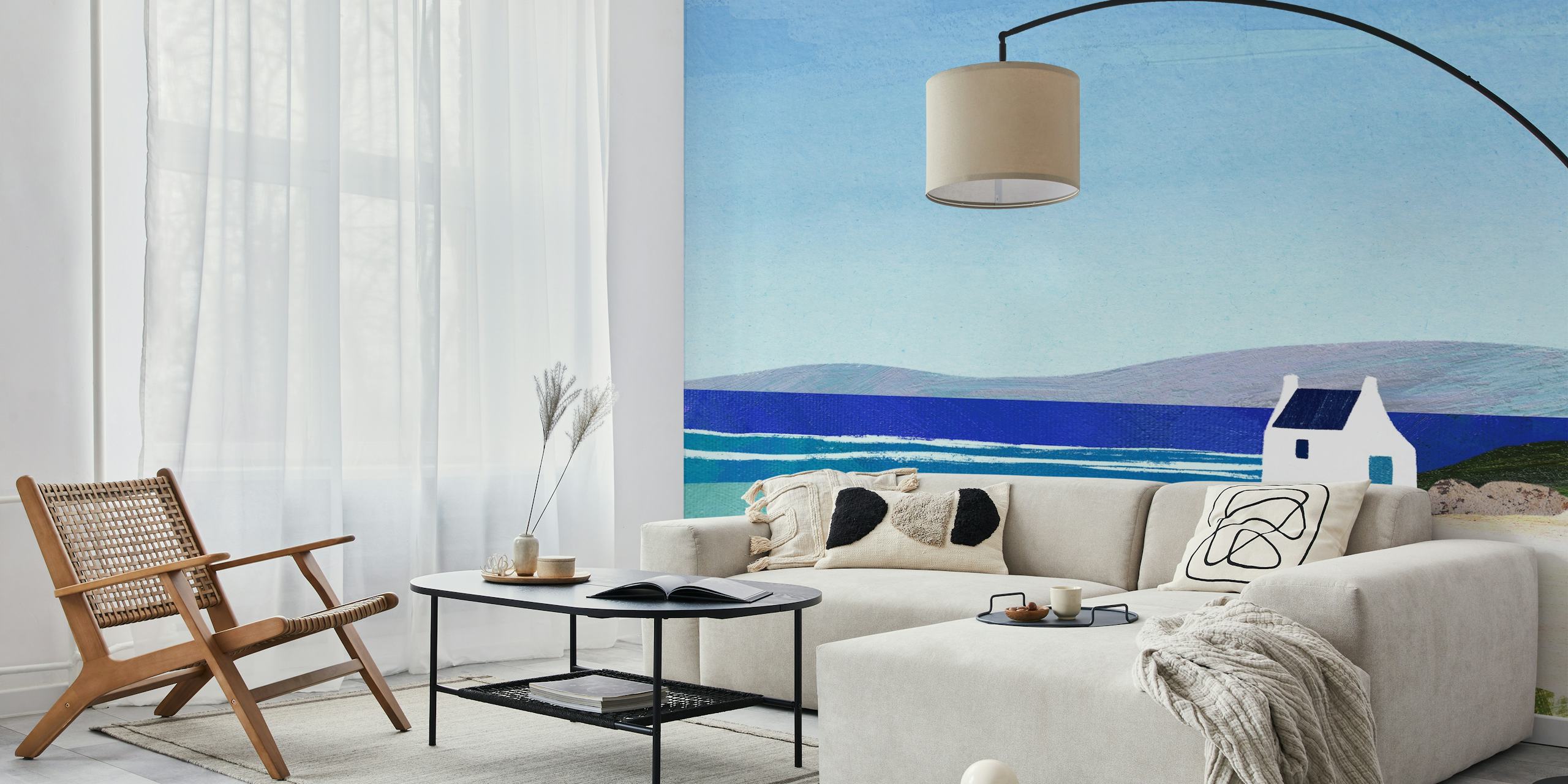 Coastal landscape with white cottage, blue sea, green plants wallpaper