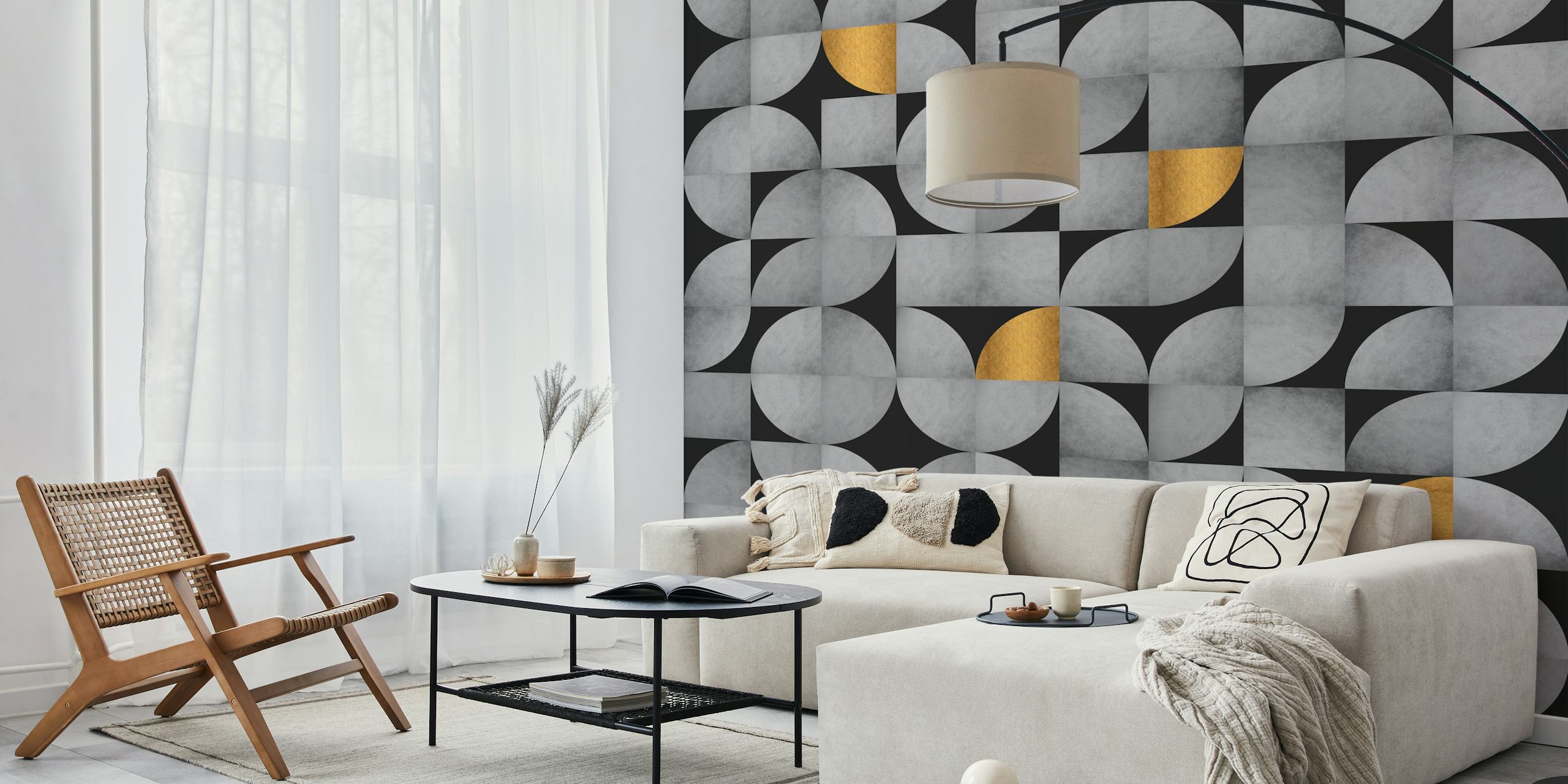Mid-century concrete and gold wallpaper in a room