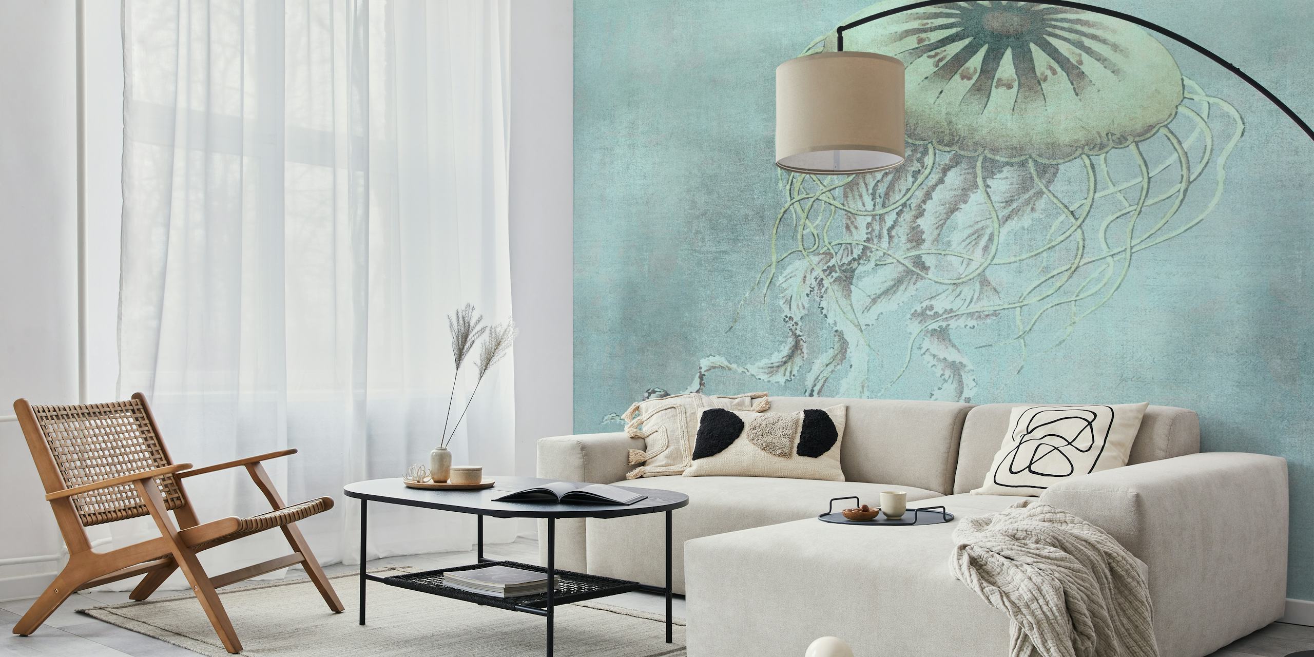 Turquoise jellyfish wallpaper displayed in a room