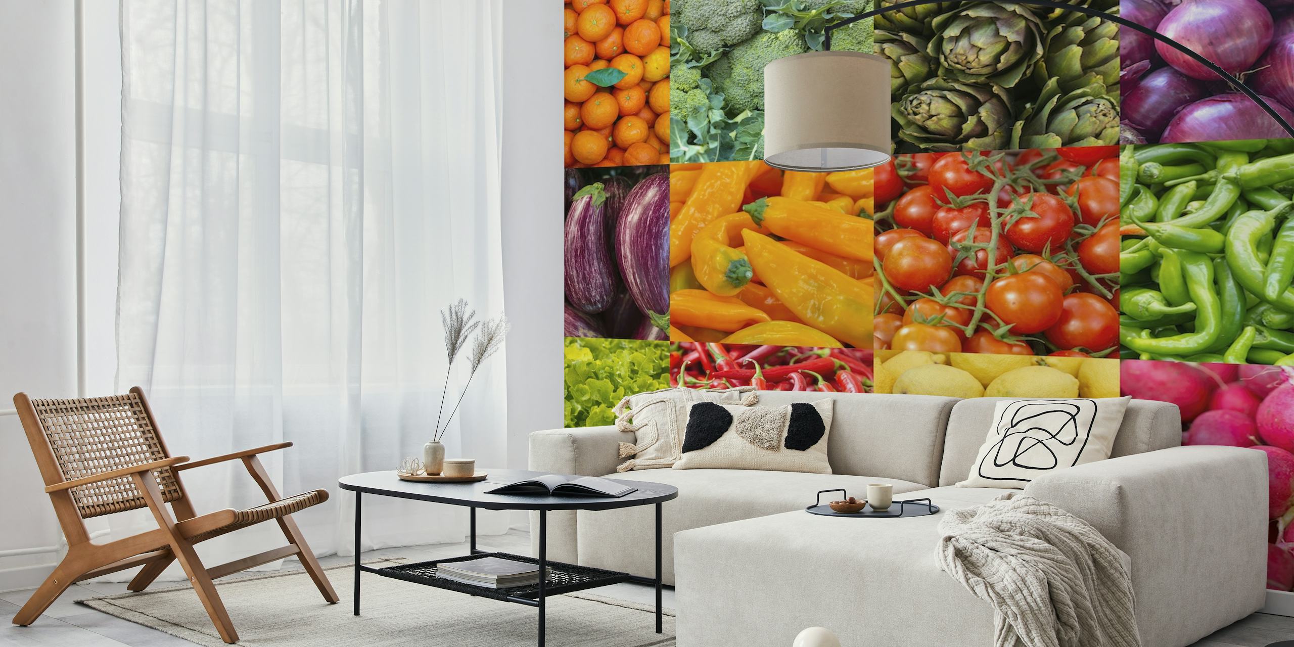 Fruit and vegetable collage with bright colors green orange red yellow wallpaper