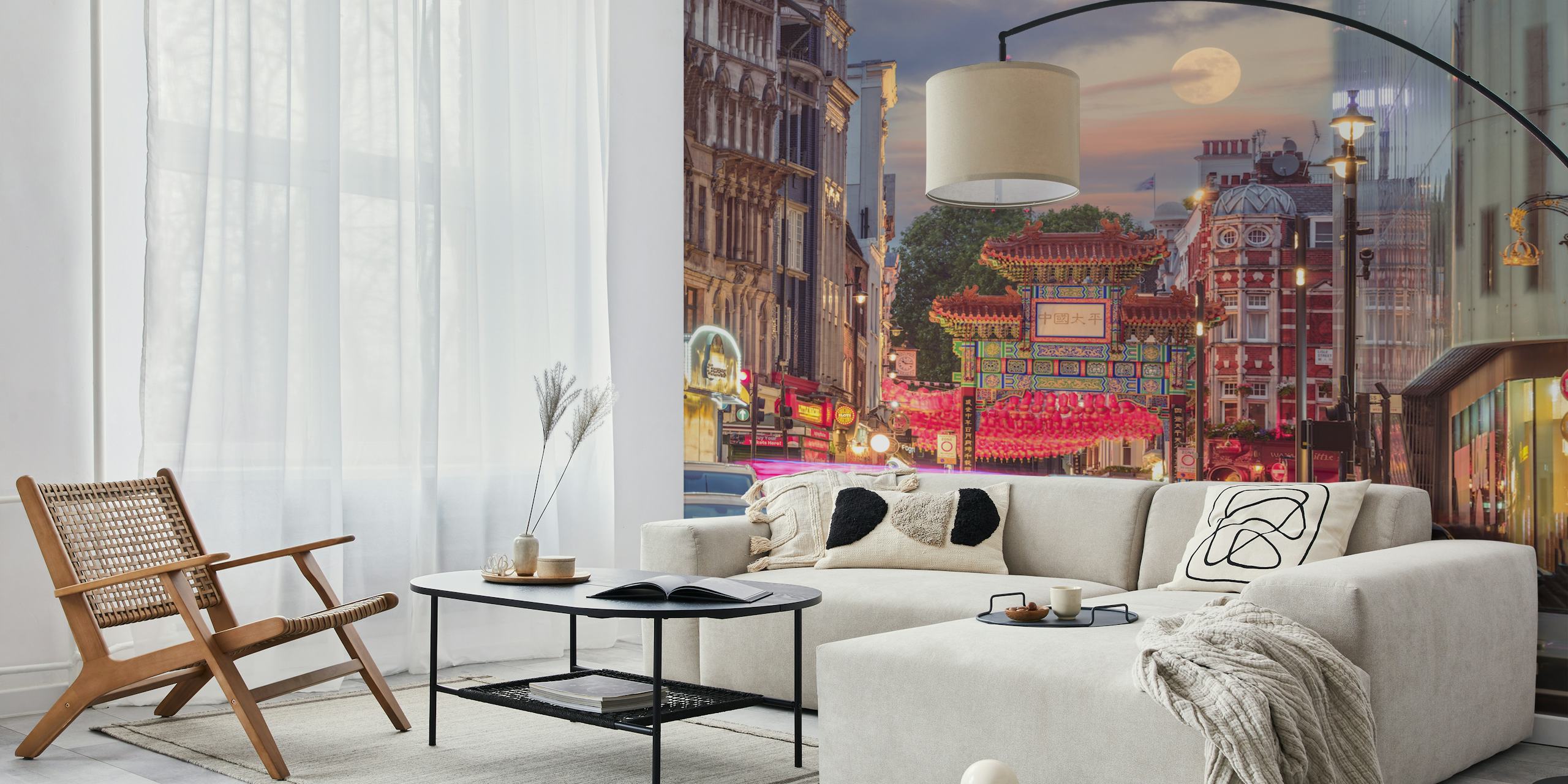 Chinatown street view with sunset and neon lights wall mural