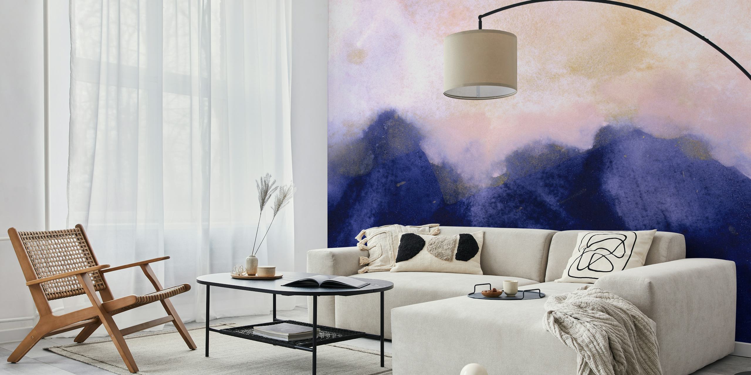 Watercolor mountain design in blue and beige hues wallpaper