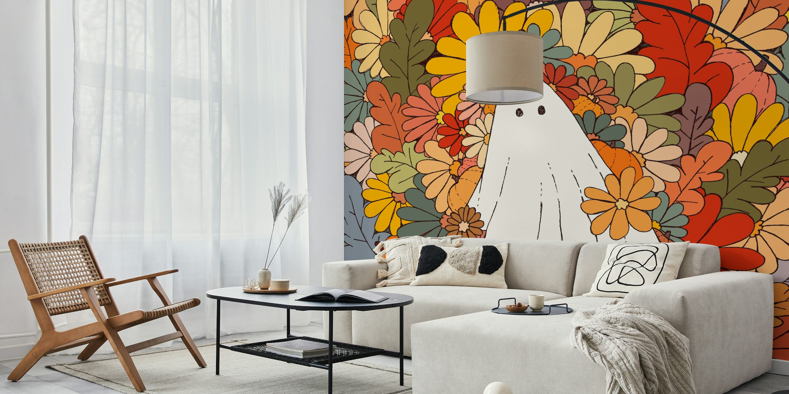 Whimsical ghost and flowers wallpaper in a room
