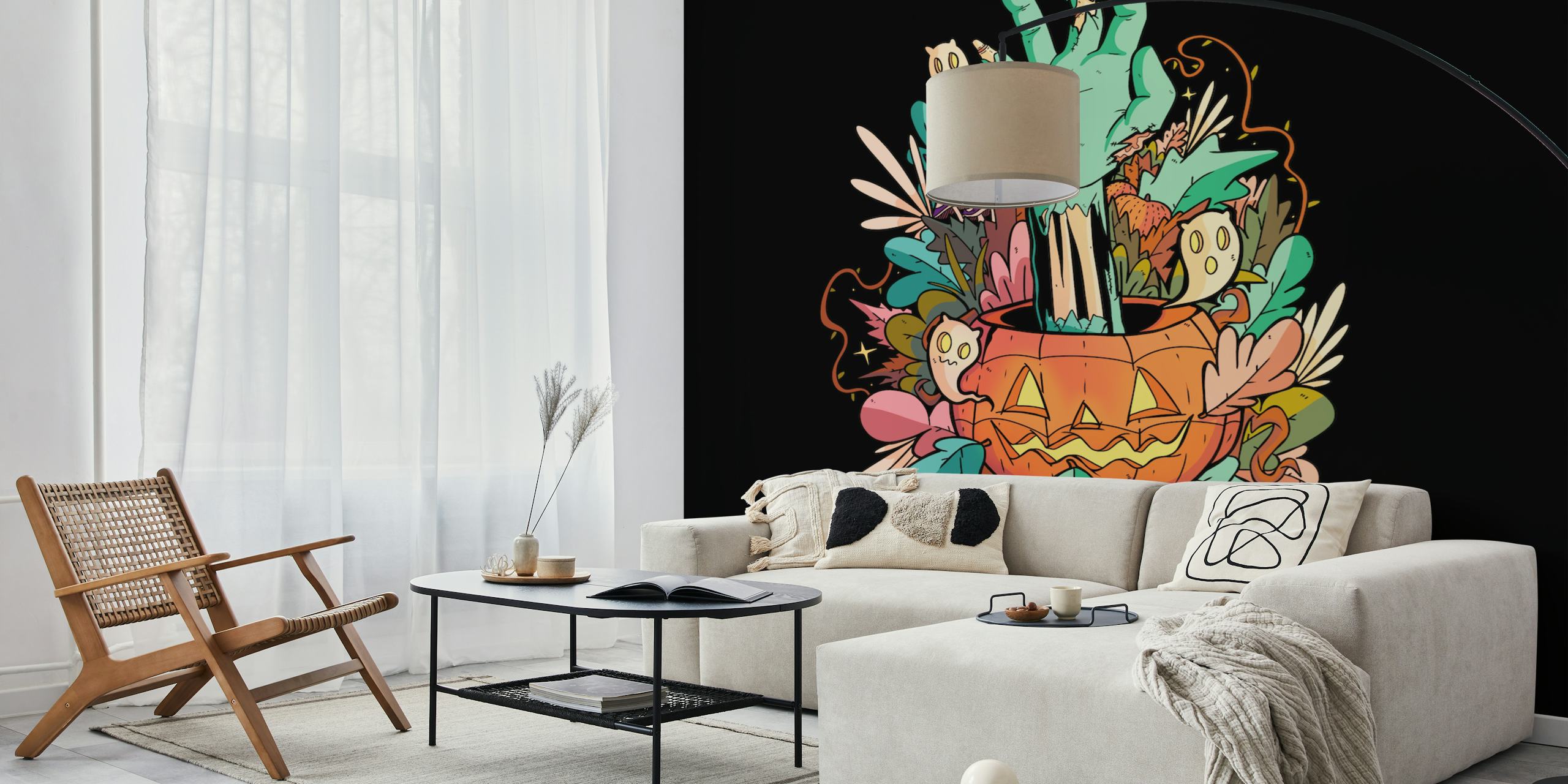 Bunte Tapetdesign mit einem Kürbis