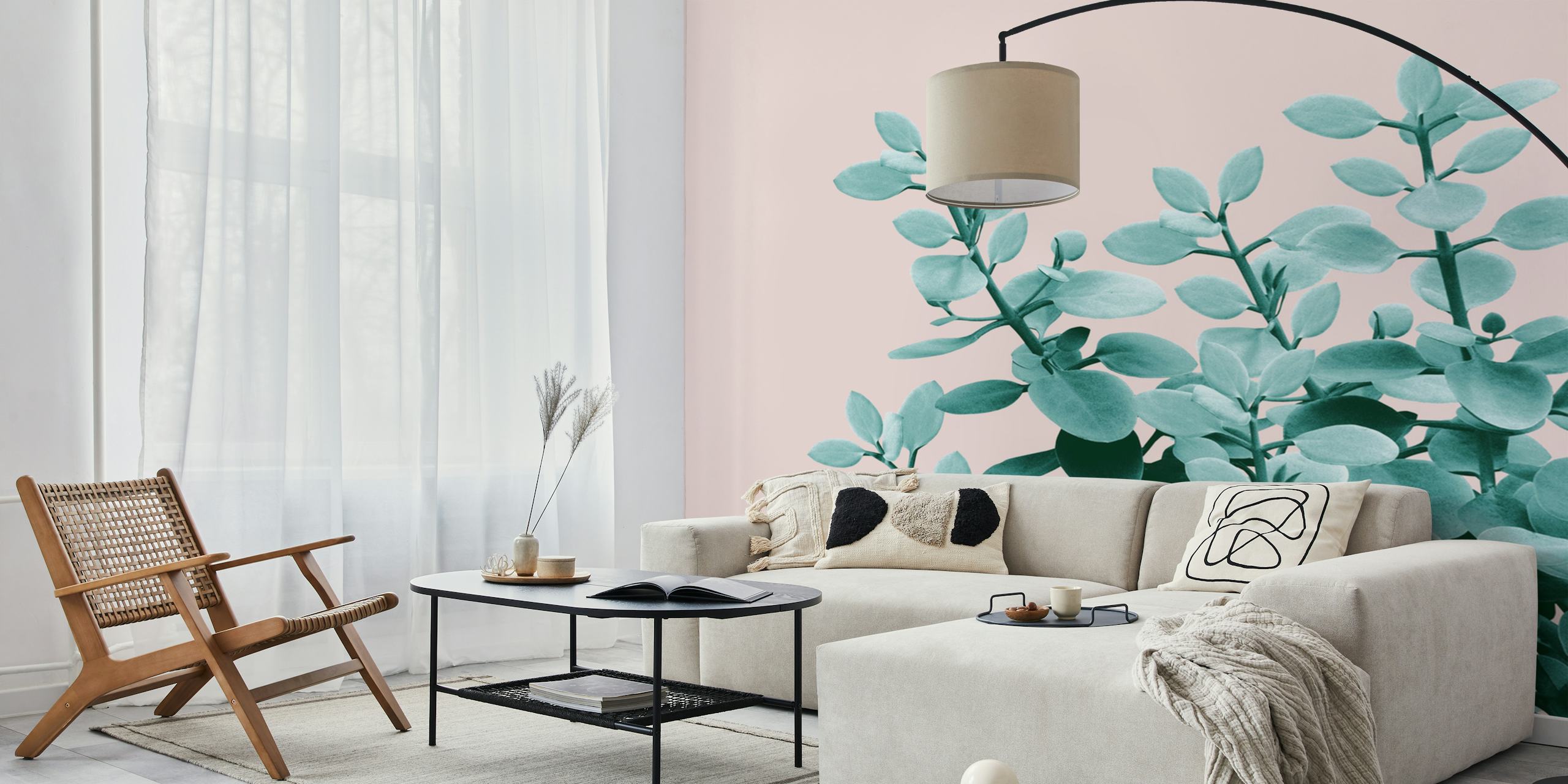 Eucalyptus leaves on a blush pink background wallpaper