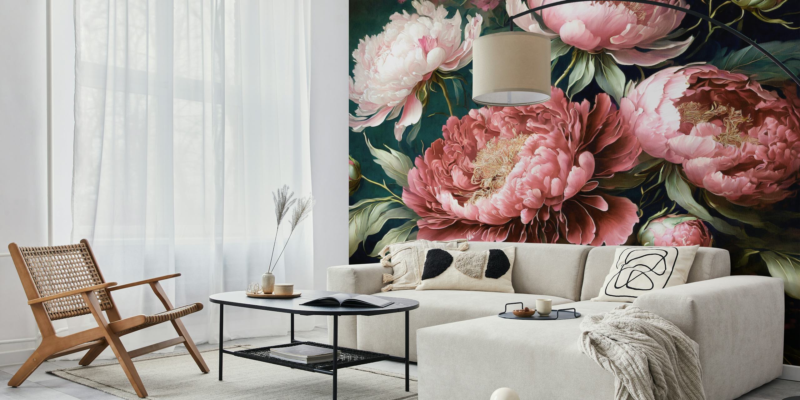 Pink peonies with green leaves on a dark background wallpaper