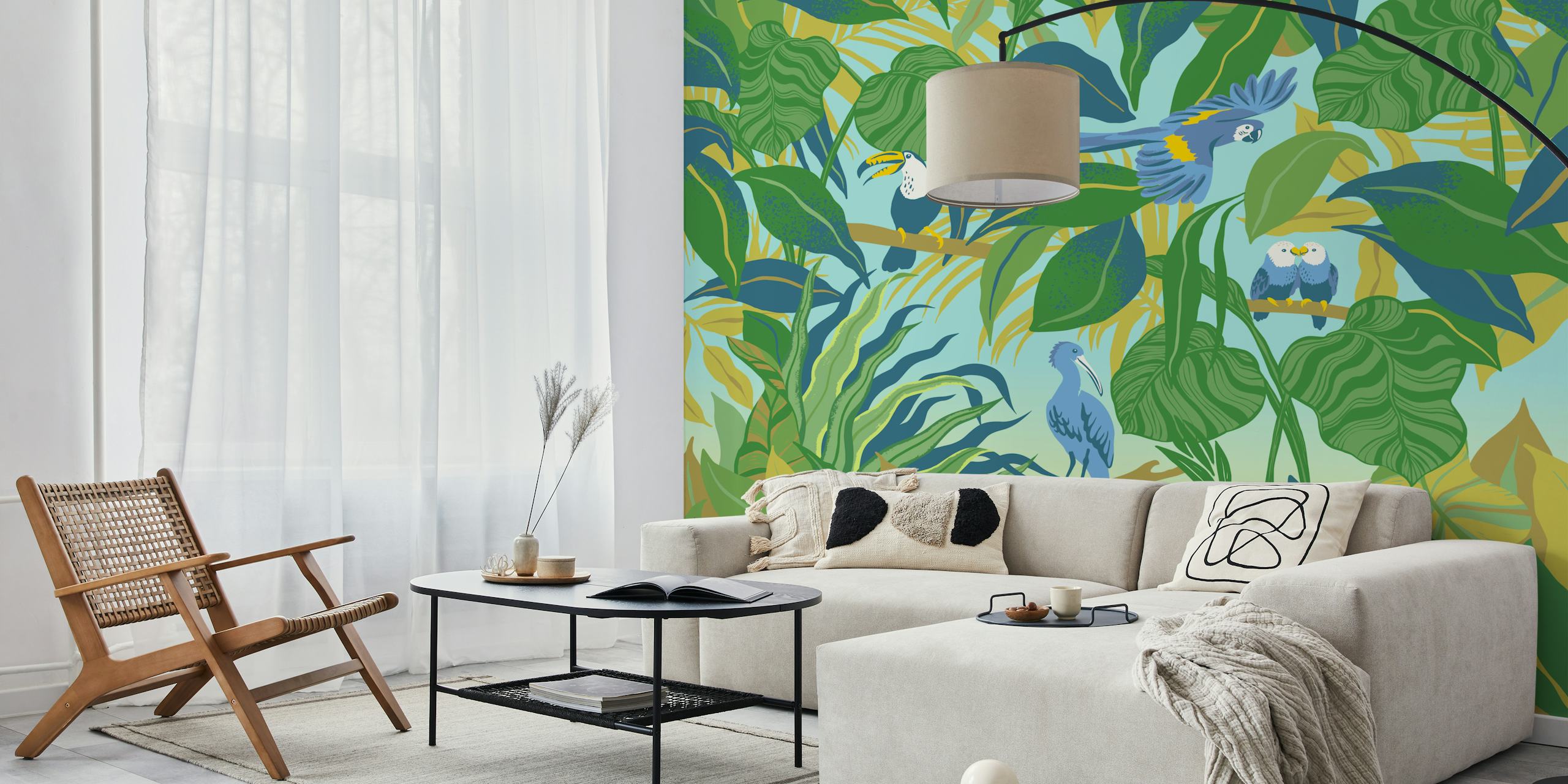 Colorful tropical birds among lush green leaves wallpaper
