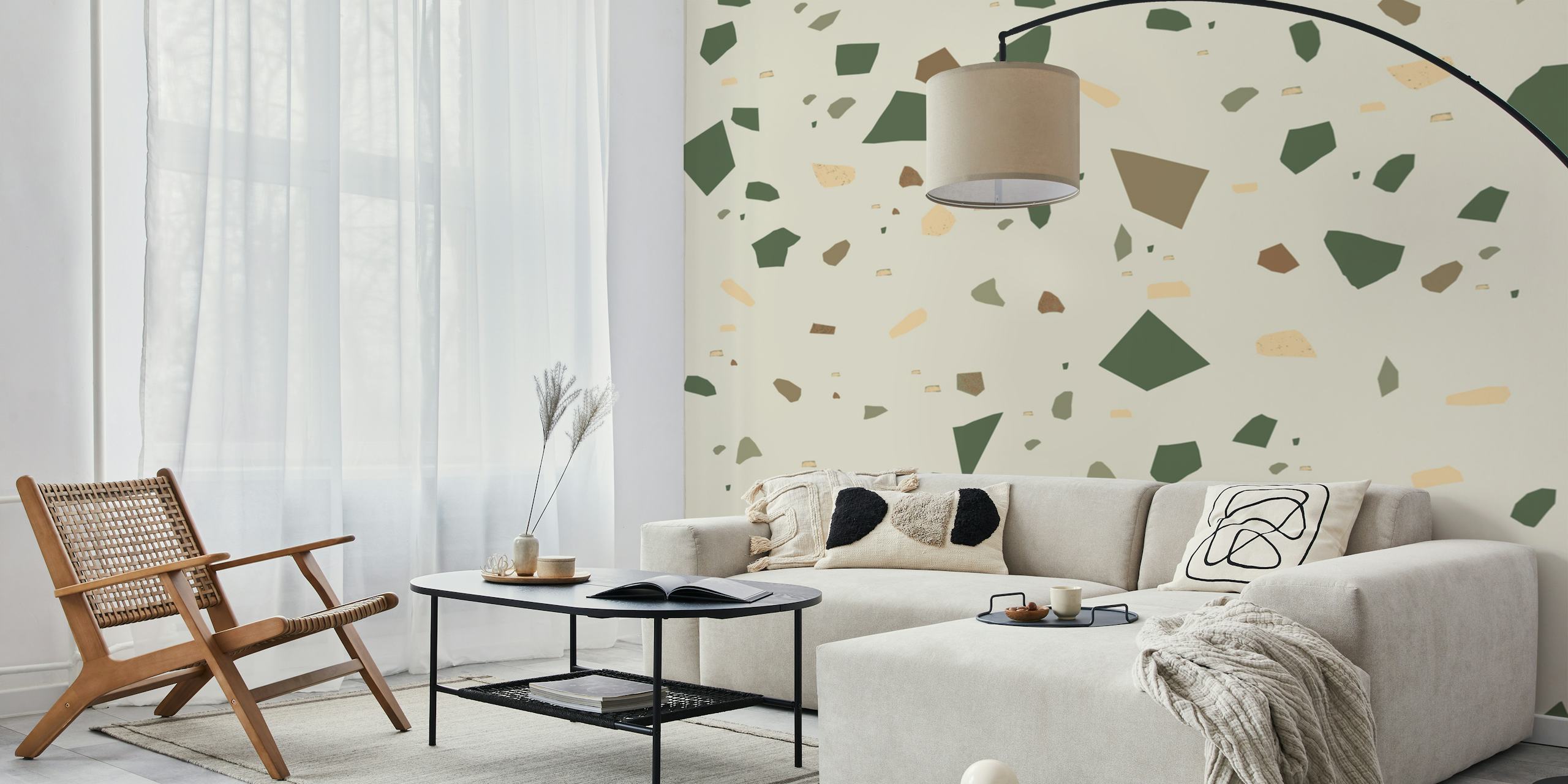 Sage Cactus Green Tan Brown carta da parati in una stanza