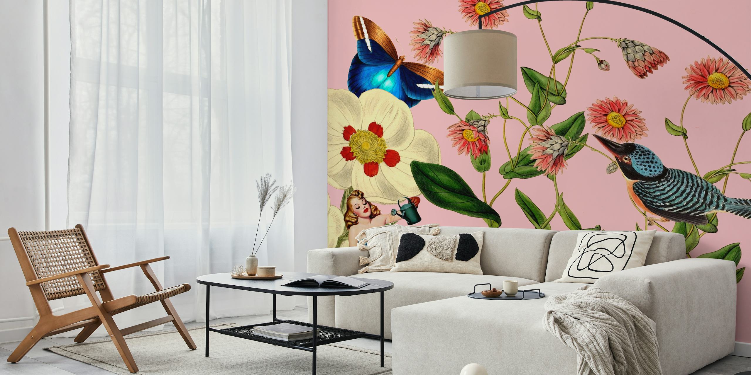 Roze bloemen en vlinders illustratie wandbehang