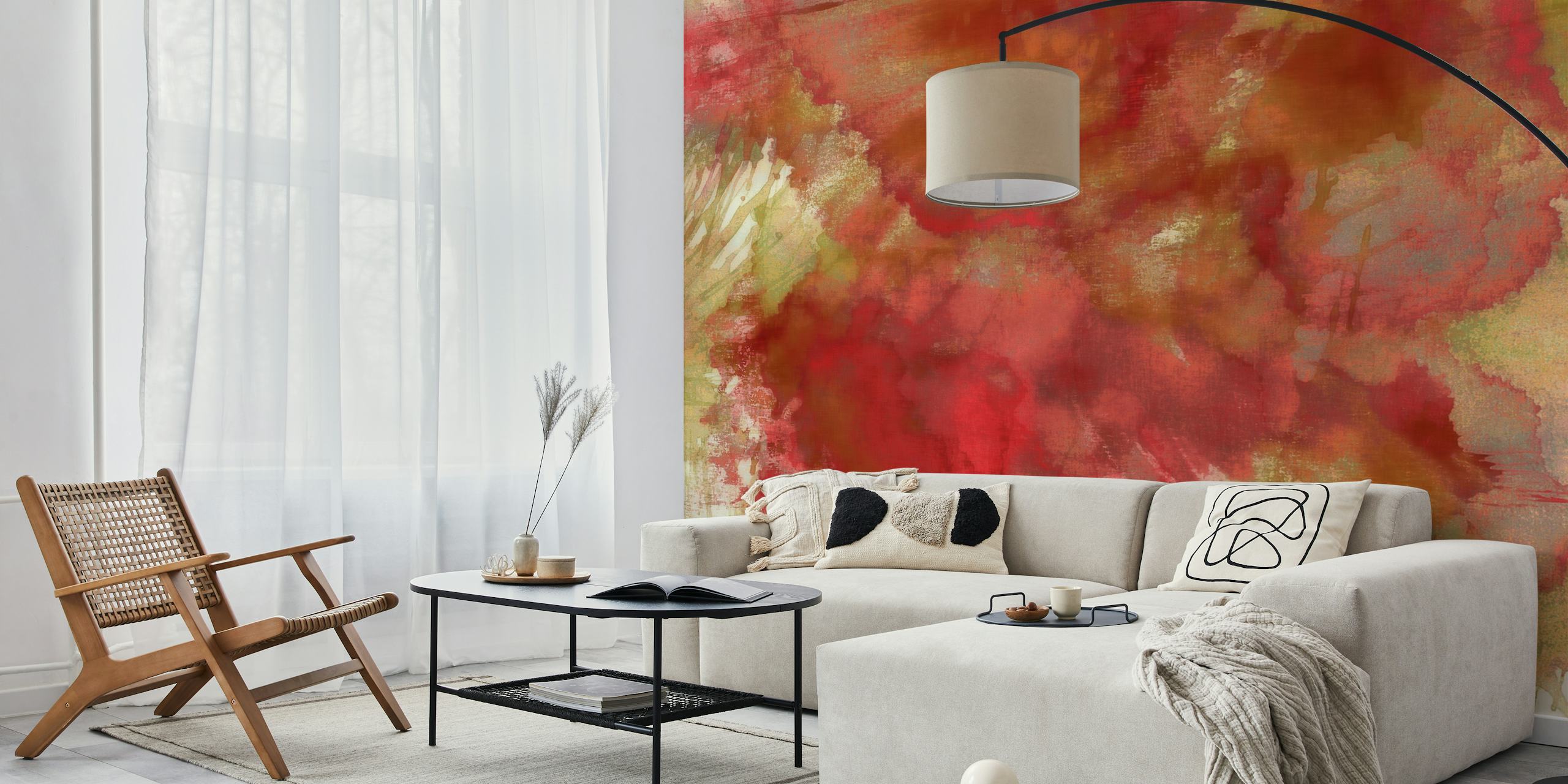 Vibrant abstract red and green floral wallpaper design.