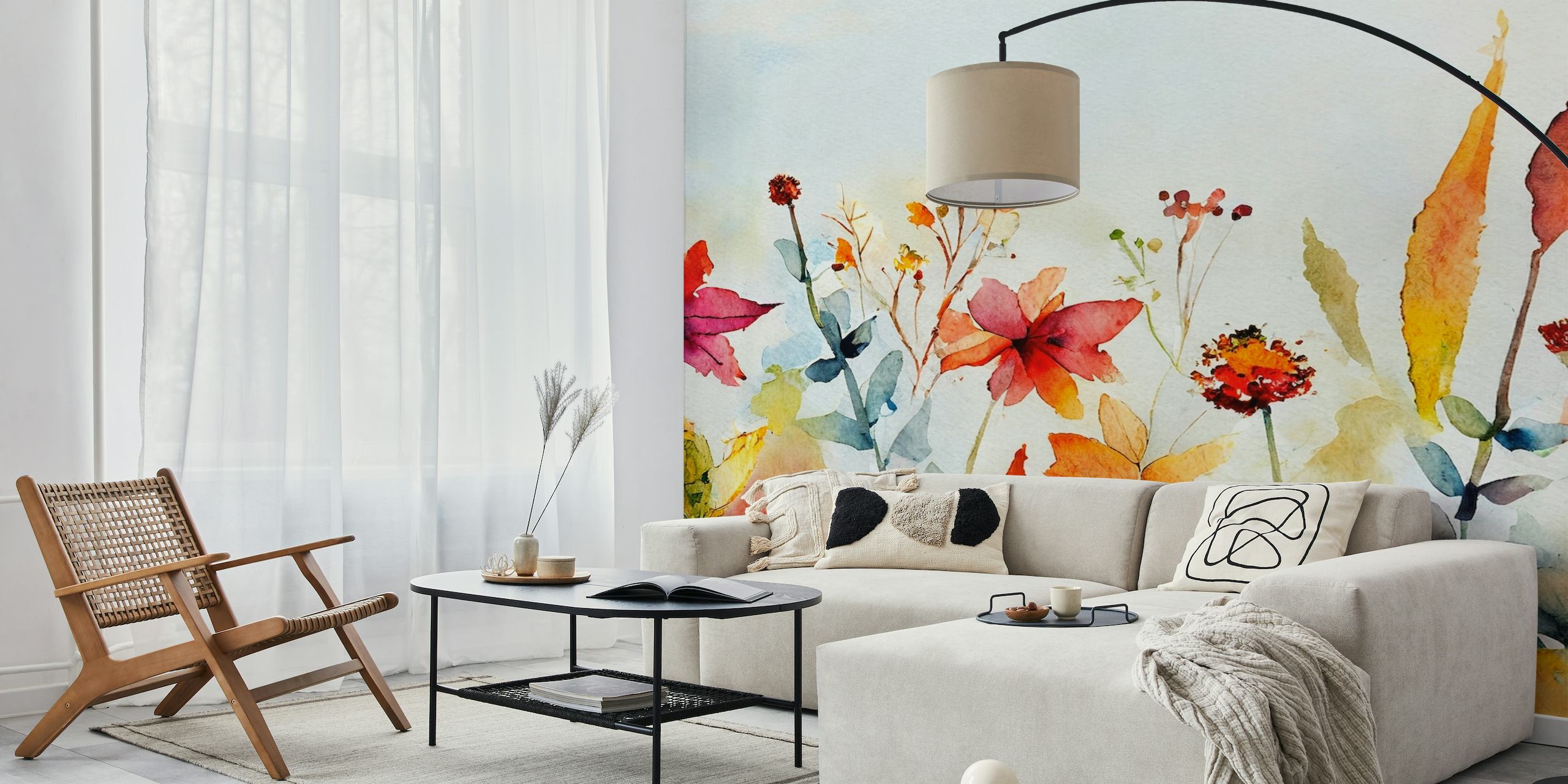 Watercolor painting of meadow flowers with vibrant colors on a wall mural