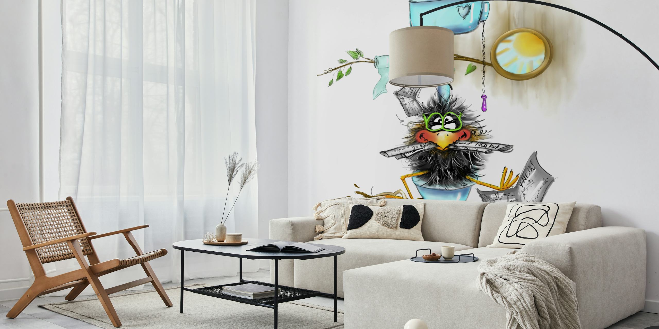 Whimsical wallpaper design featuring a playful character