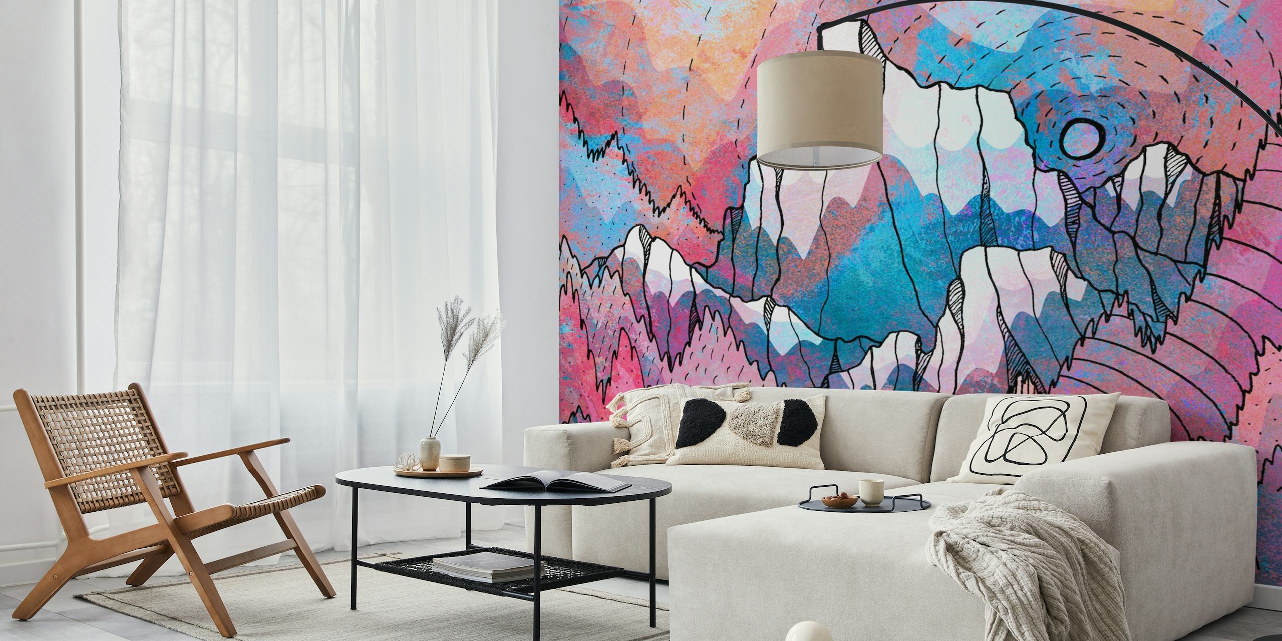 Abstract wall mural of a stream flowing through a colorful, textured landscape