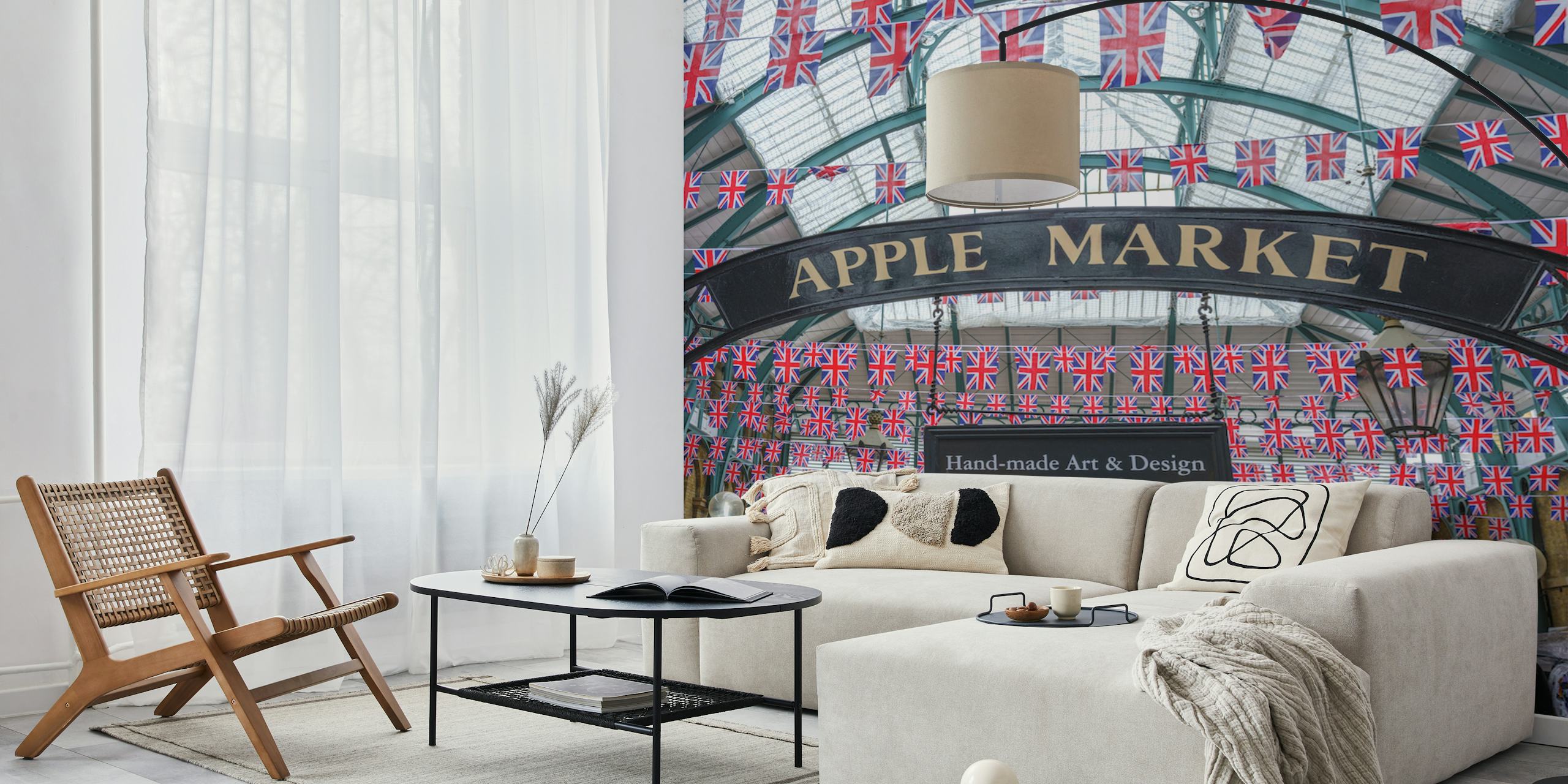 Apple Market featuring British flags and vintage design wallpaper