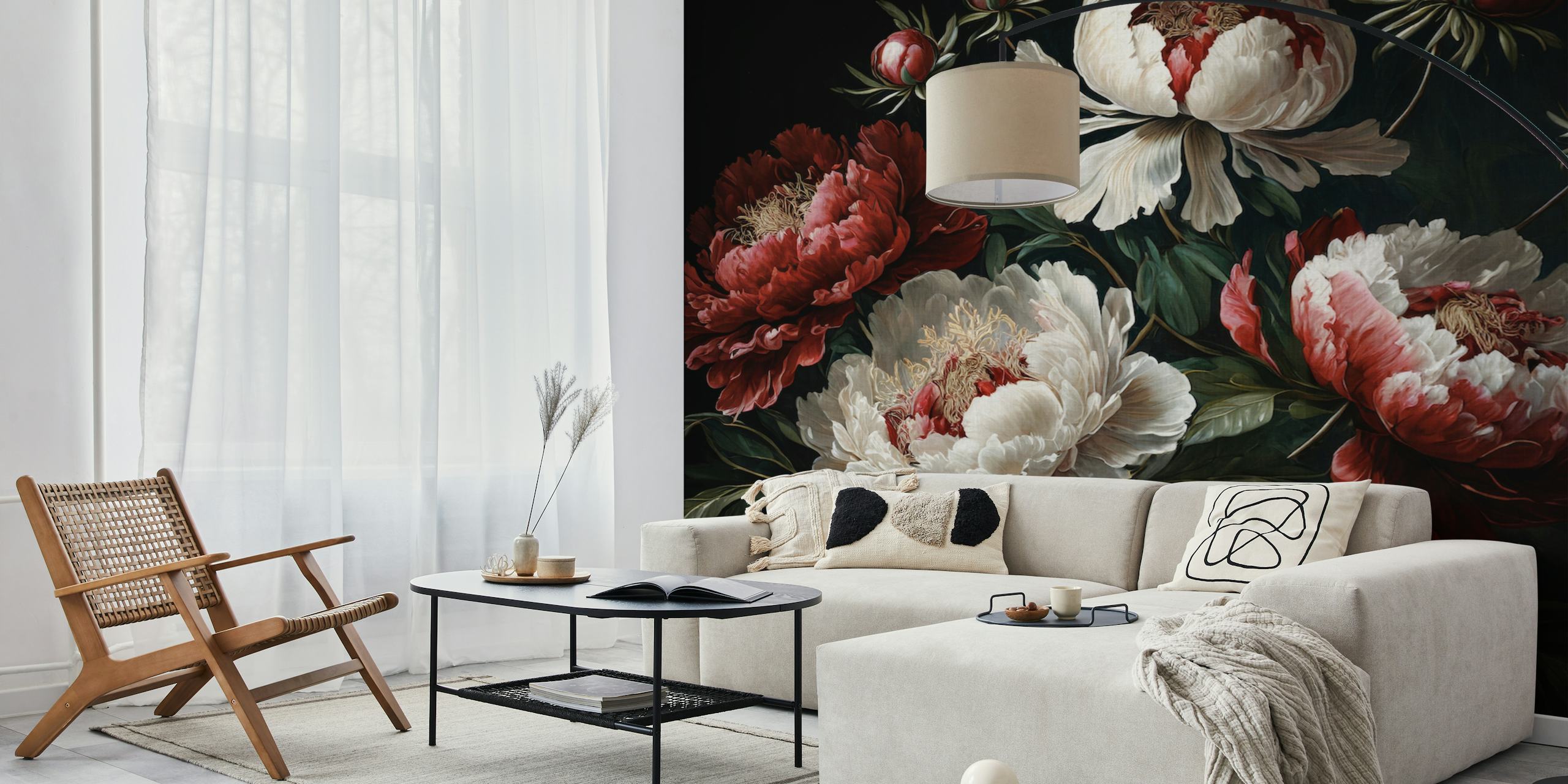 Red and white baroque peonies wallpaper design
